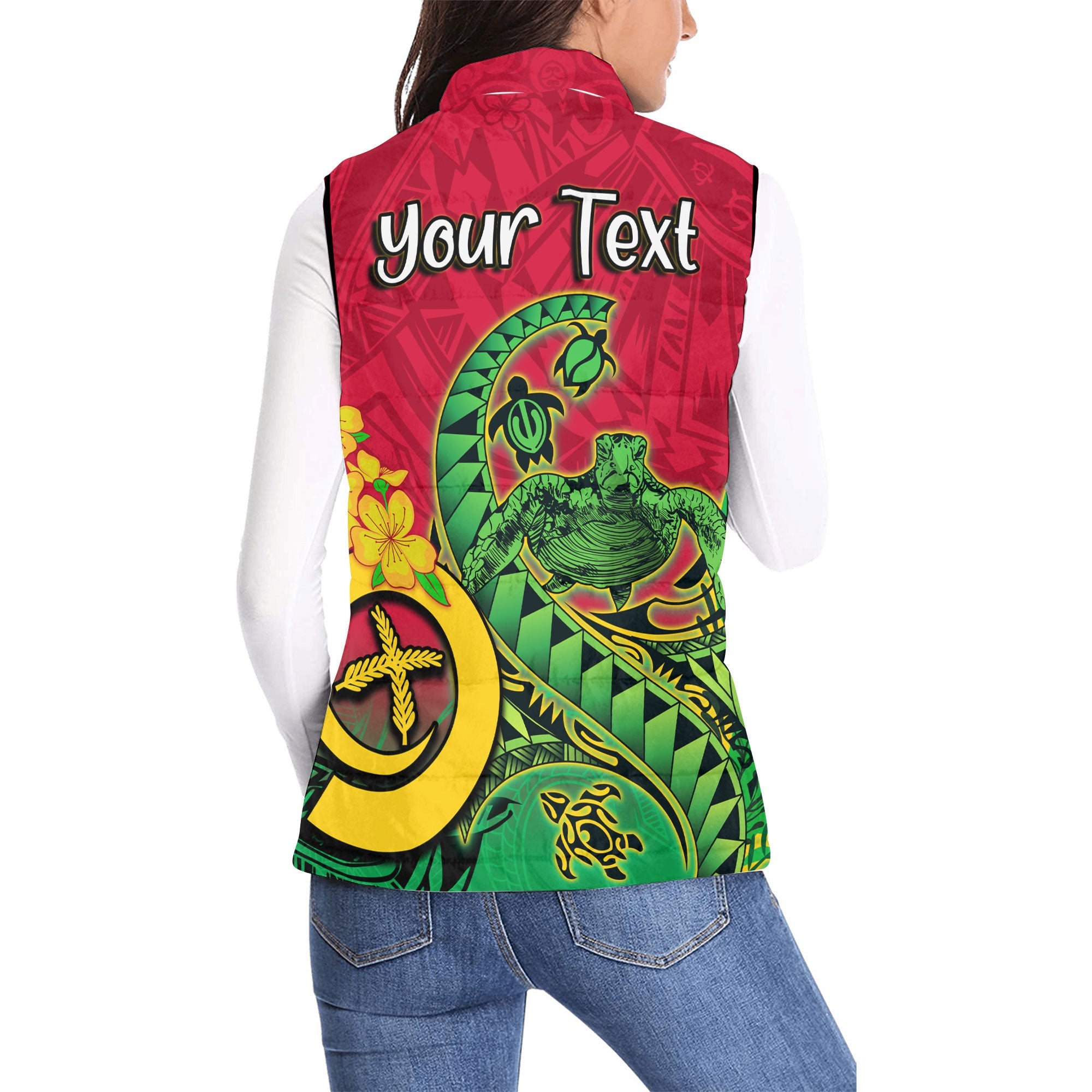 Custom Vanuatu Women Padded Jacket Vest Polynesian Happy Independence Day Turtle Wave