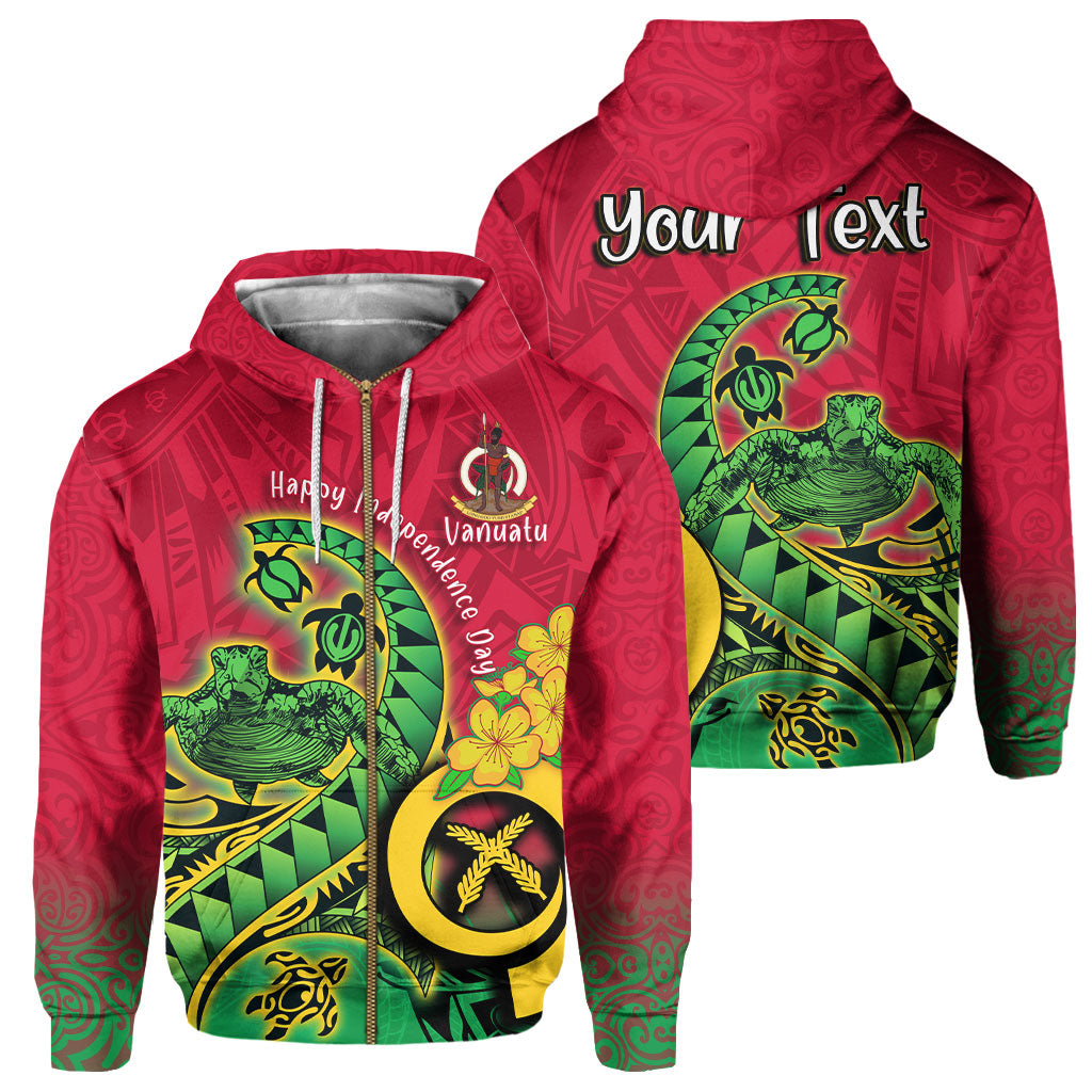 Custom Vanuatu Zip Hoodie Polynesian Happy Independence Day Turtle Wave