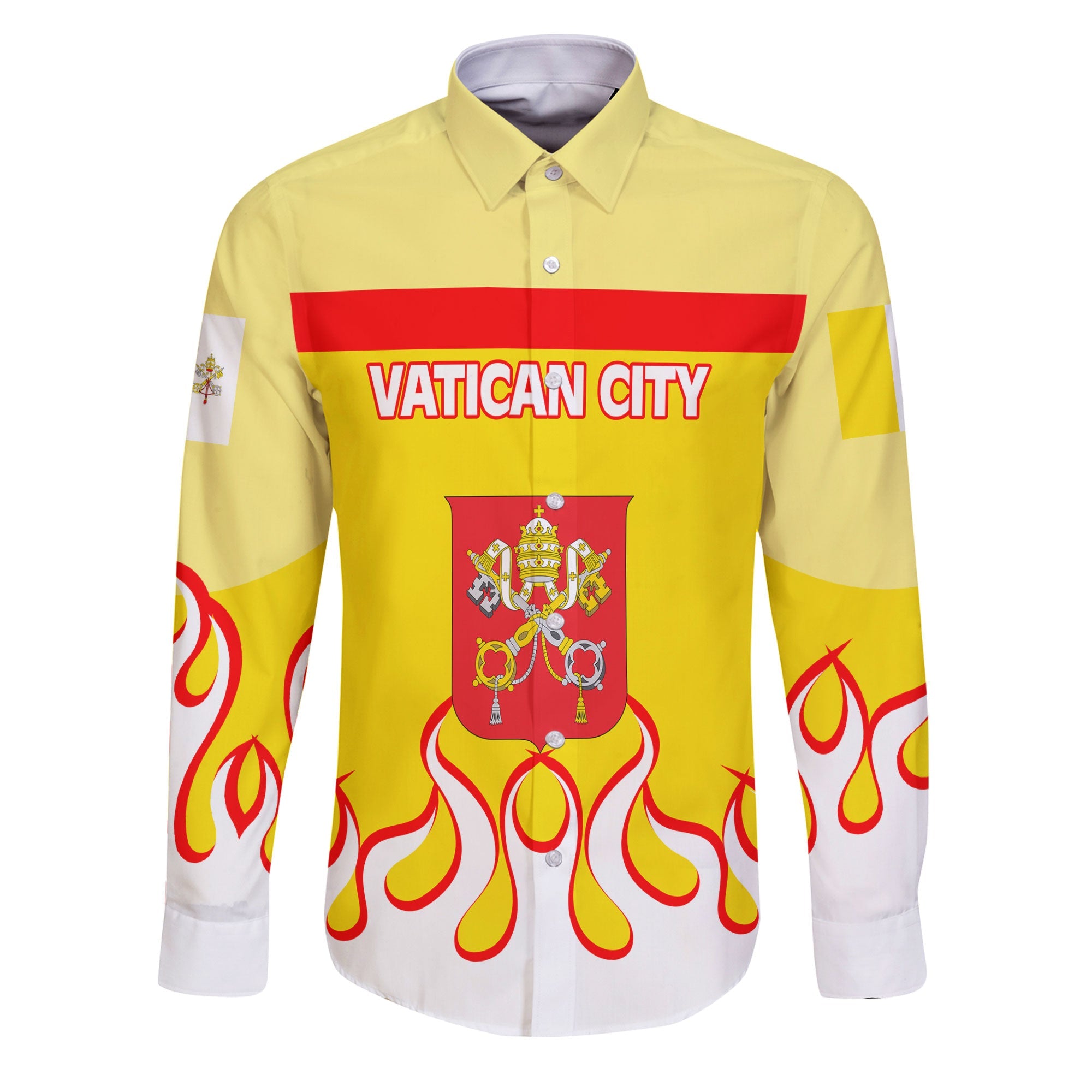 Vatican City Long Sleeve Button Shirt Flag & Coat Of Arms Fire Hockey Style