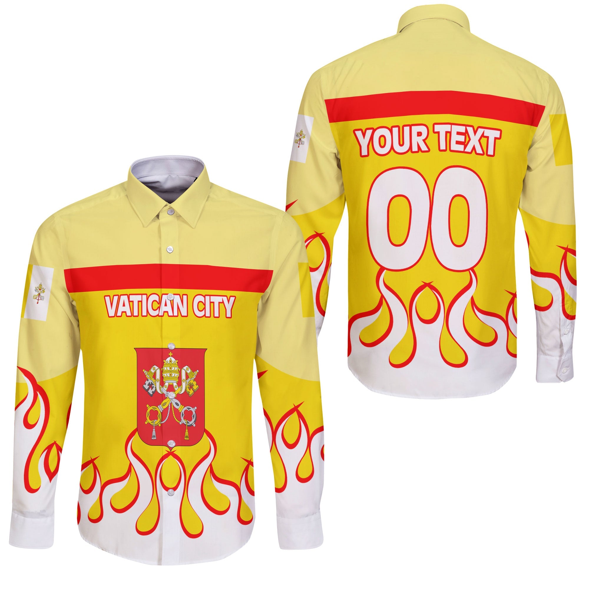 Vatican City Long Sleeve Button Shirt Flag & Coat Of Arms Fire Hockey Style