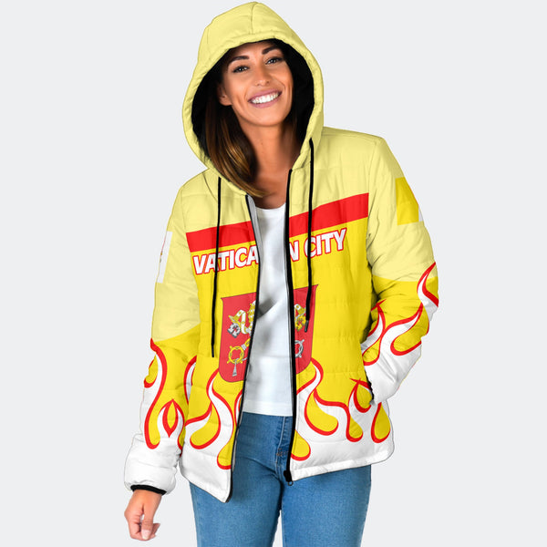 Vatican City Women Hooded Padded Jacket Flag & Coat Of Arms Fire Hockey Style