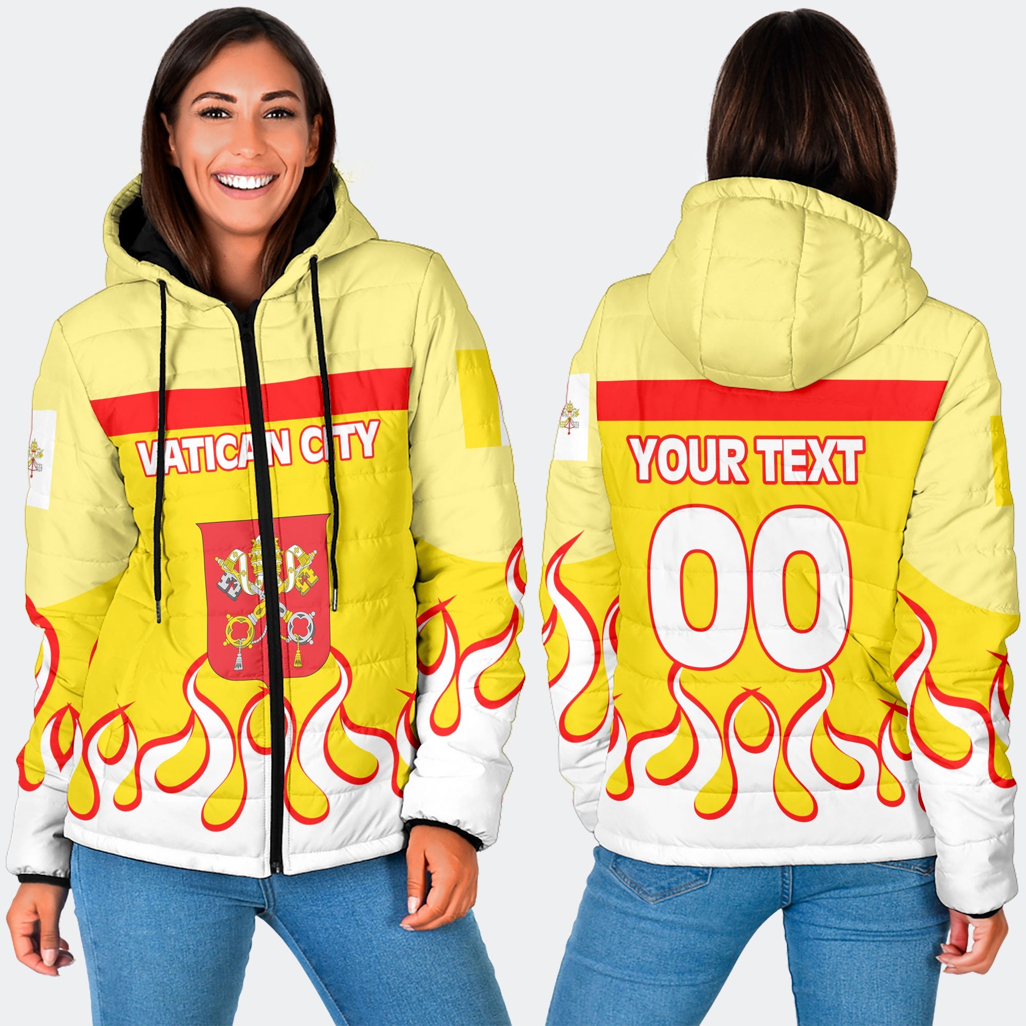 Vatican City Women Hooded Padded Jacket Flag & Coat Of Arms Fire Hockey Style