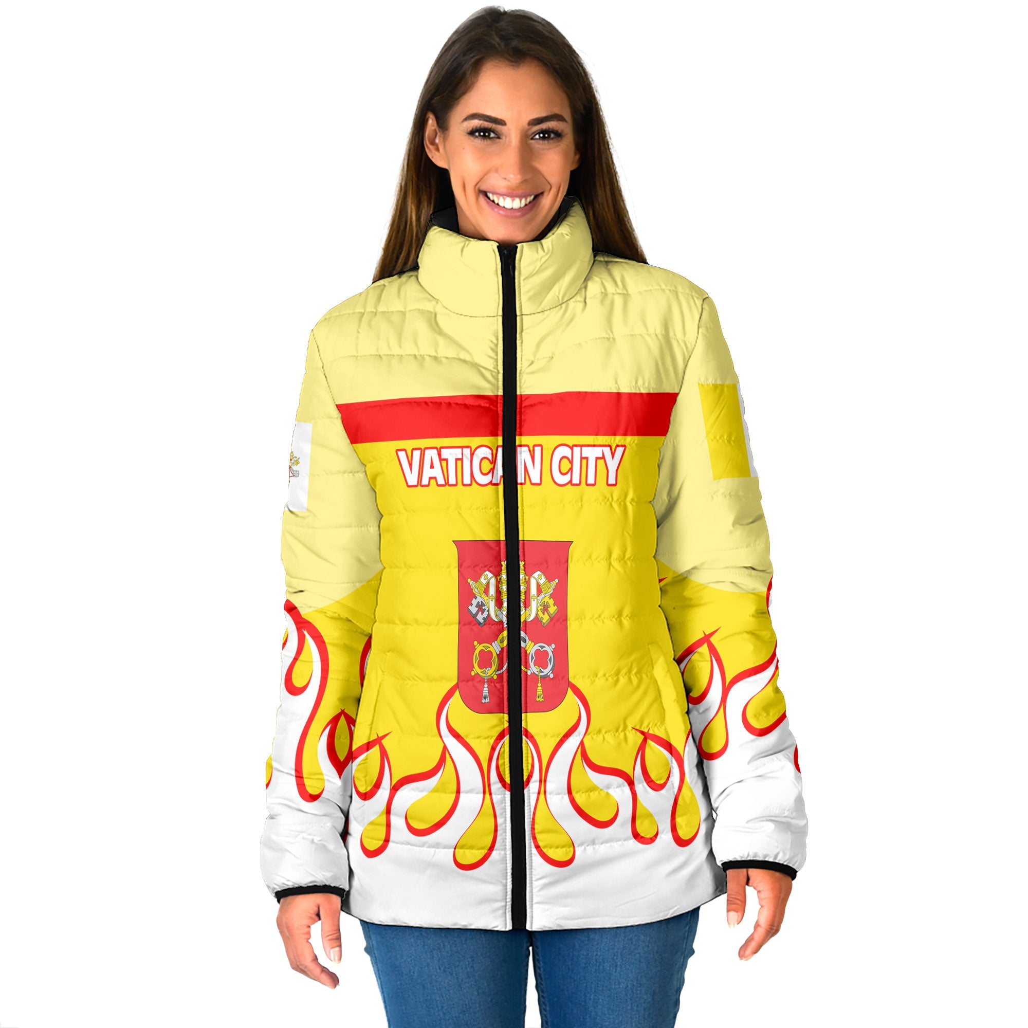 Vatican City Women Padded Jacket Flag & Coat Of Arms Fire Hockey Style