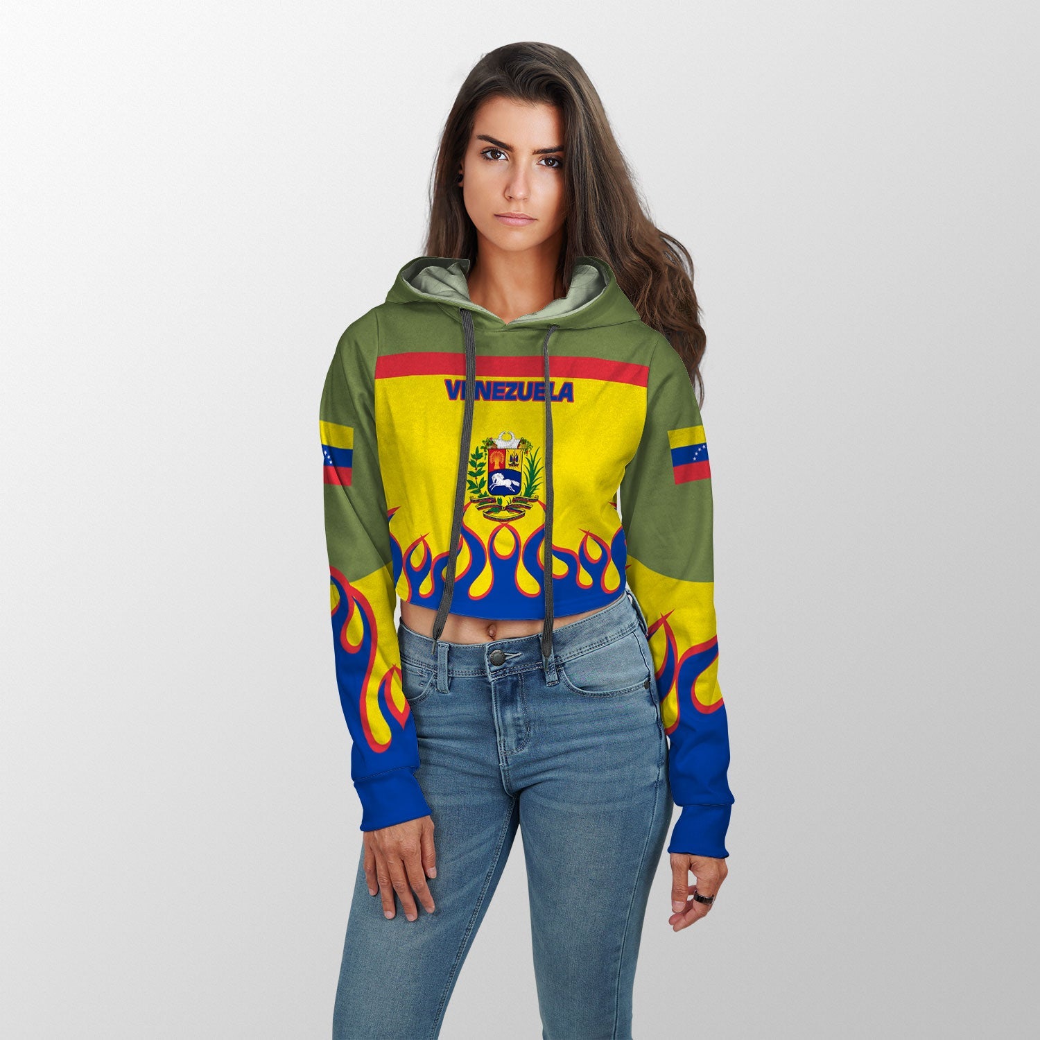 Venezuela Crop Hoodie Flag & Coat Of Arms Fire Hockey Style