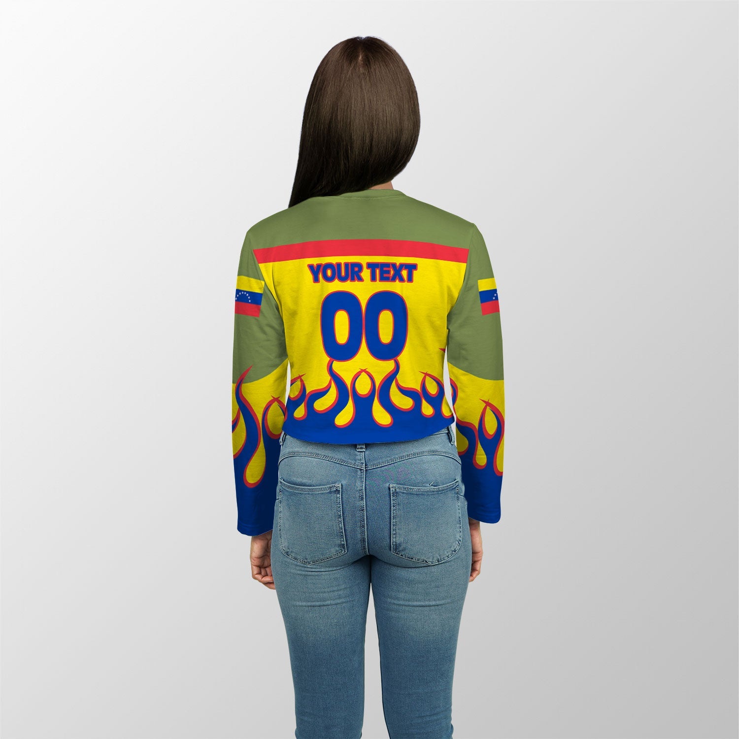 Venezuela Crop Top Long TShirt Flag & Coat Of Arms Fire Hockey Style