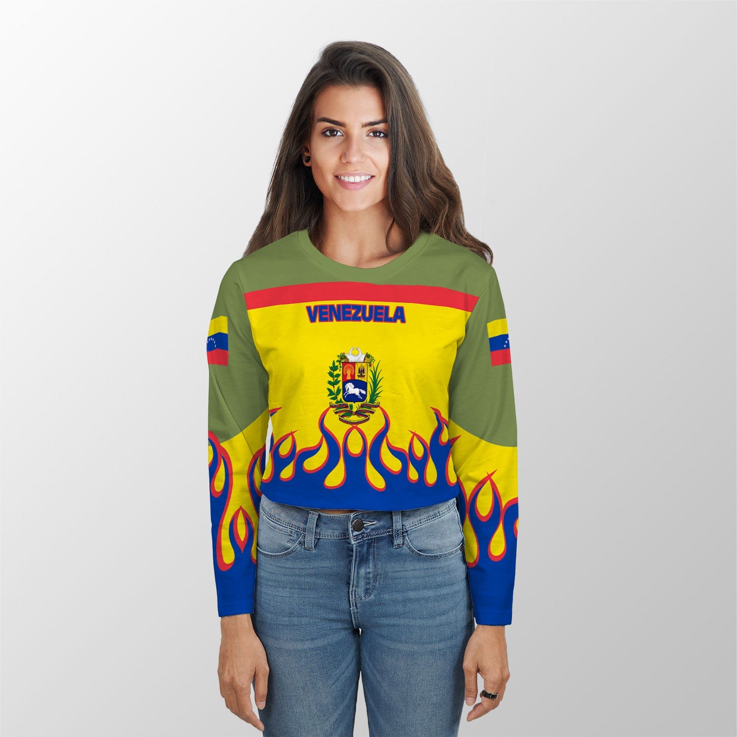 Venezuela Crop Top Long TShirt Flag & Coat Of Arms Fire Hockey Style