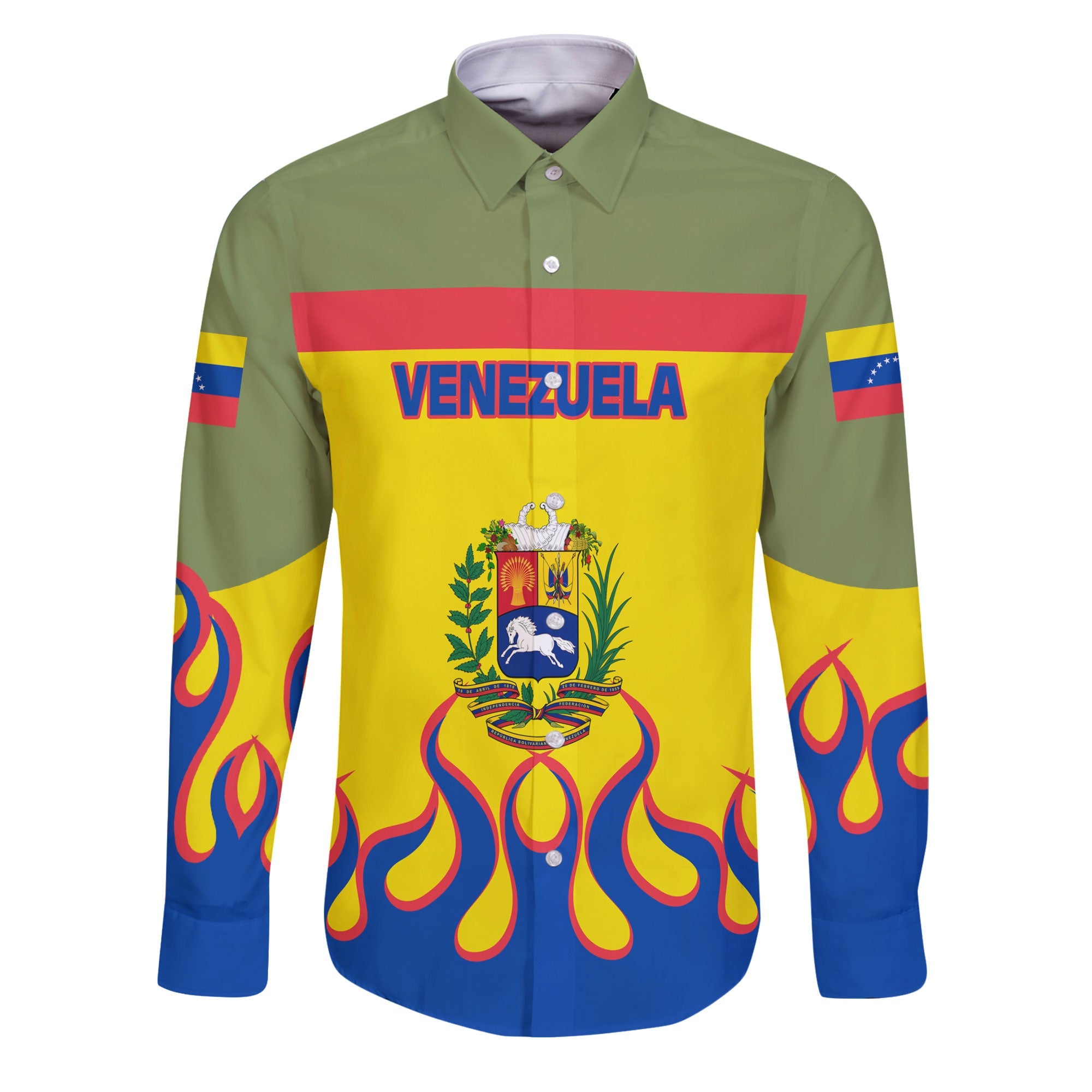 Venezuela Long Sleeve Button Shirt Flag & Coat Of Arms Fire Hockey Style