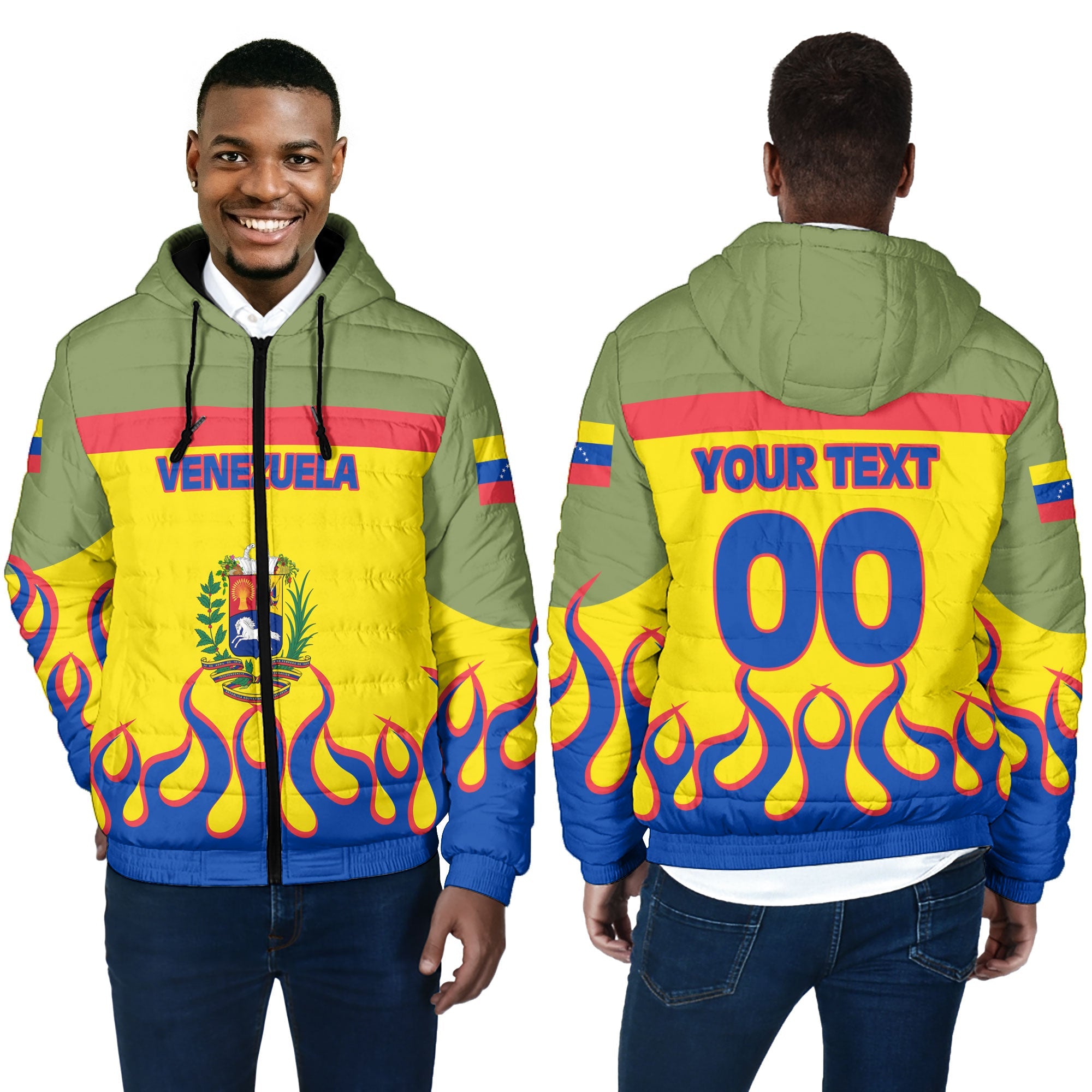 Venezuela Men Hooded Padded Jacket Flag & Coat Of Arms Fire Hockey Style