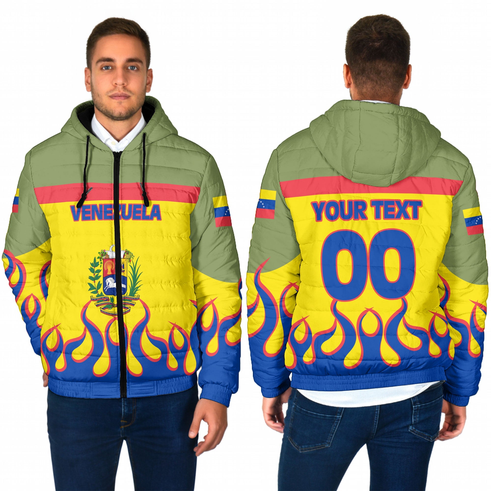 Venezuela Men Hooded Padded Jacket Flag & Coat Of Arms Fire Hockey Style