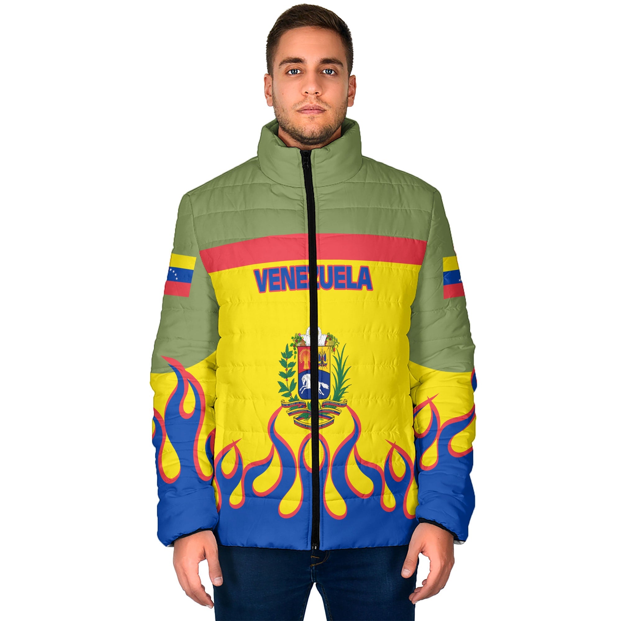 Venezuela Men Padded Jacket Flag & Coat Of Arms Fire Hockey Style