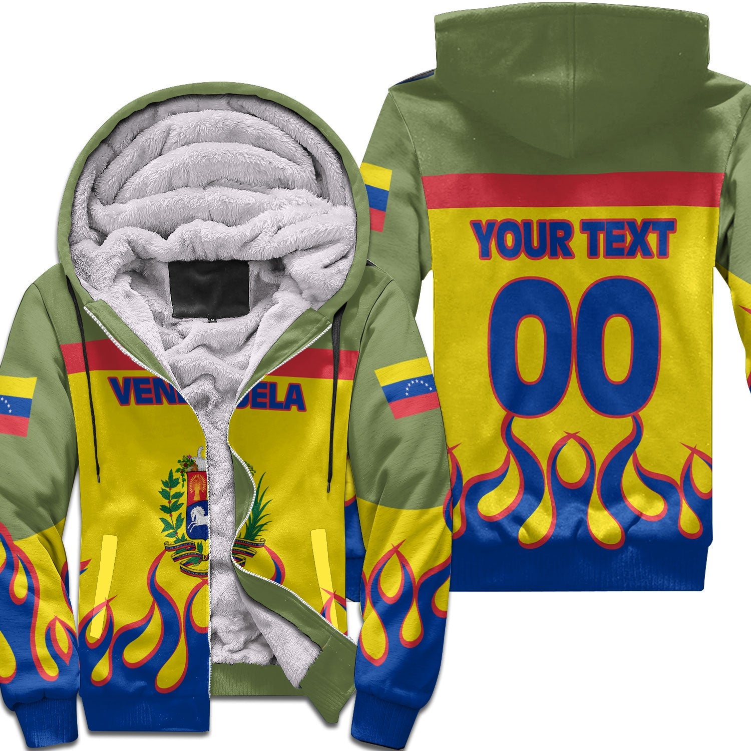 Venezuela Sherpa Hoodie Flag & Coat Of Arms Fire Hockey Style