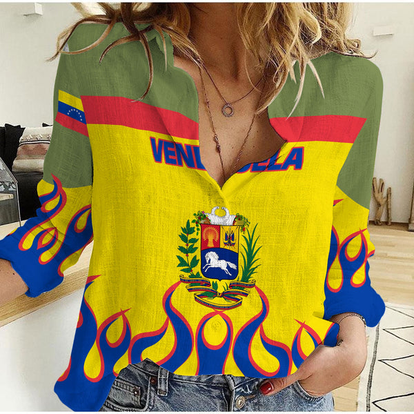 Venezuela Women Casual Shirt Flag & Coat Of Arms Fire Hockey Style