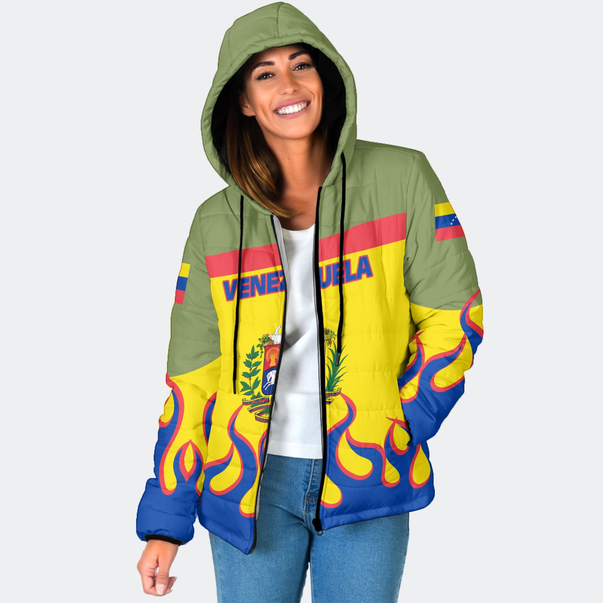 Venezuela Women Hooded Padded Jacket Flag & Coat Of Arms Fire Hockey Style