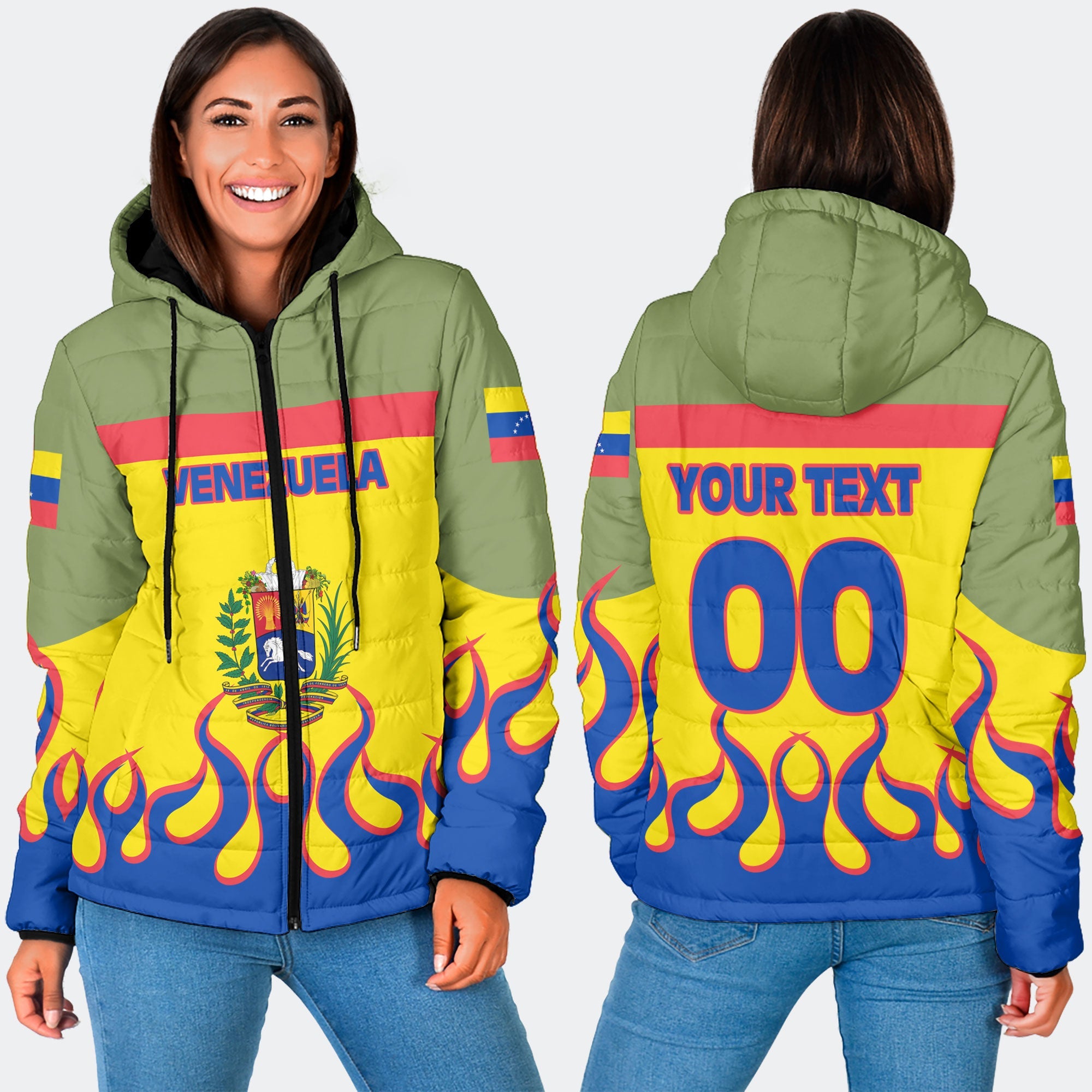 Venezuela Women Hooded Padded Jacket Flag & Coat Of Arms Fire Hockey Style