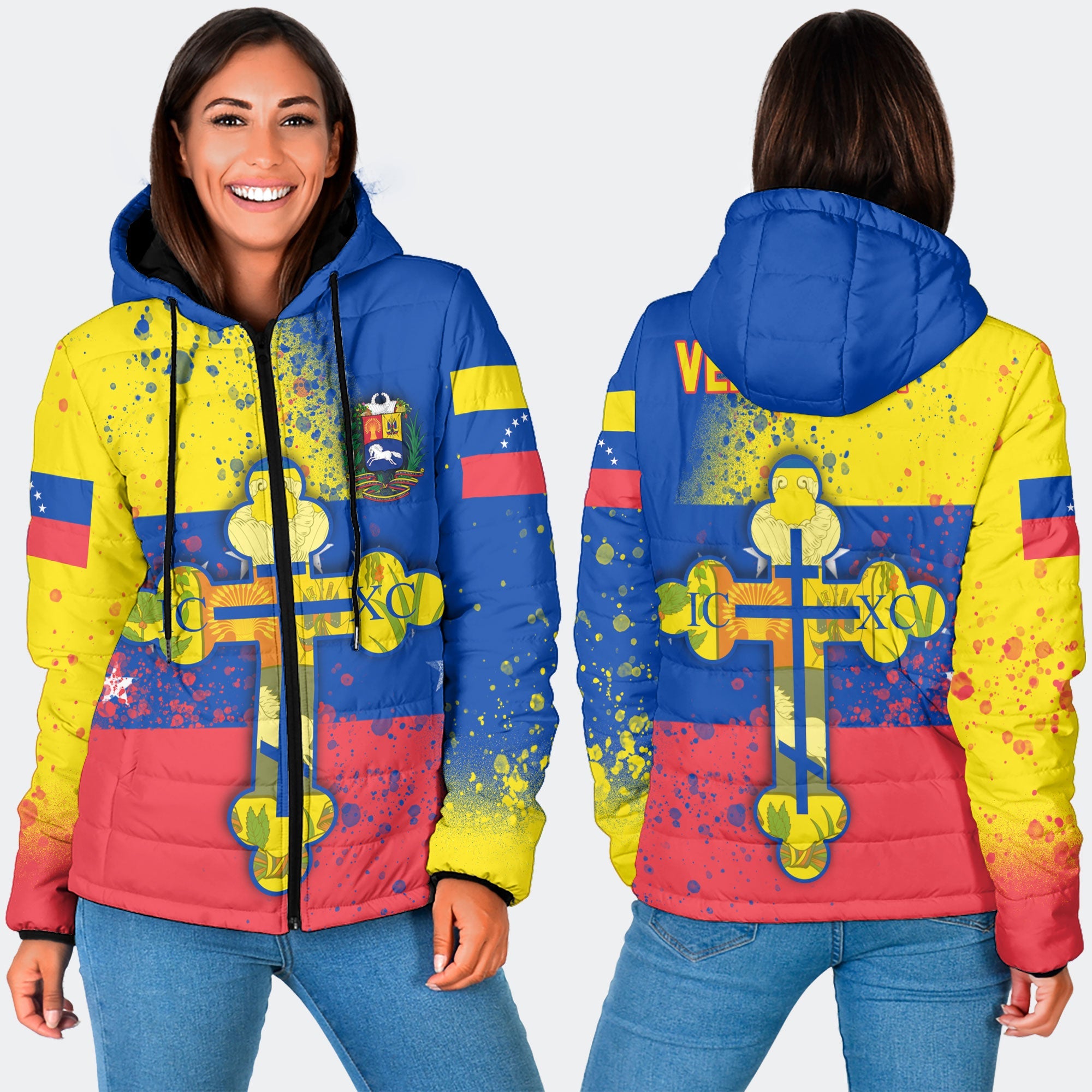 Venezuela Women Hooded Padded Jacket Flag & Coat Of Arms Orthodox Style