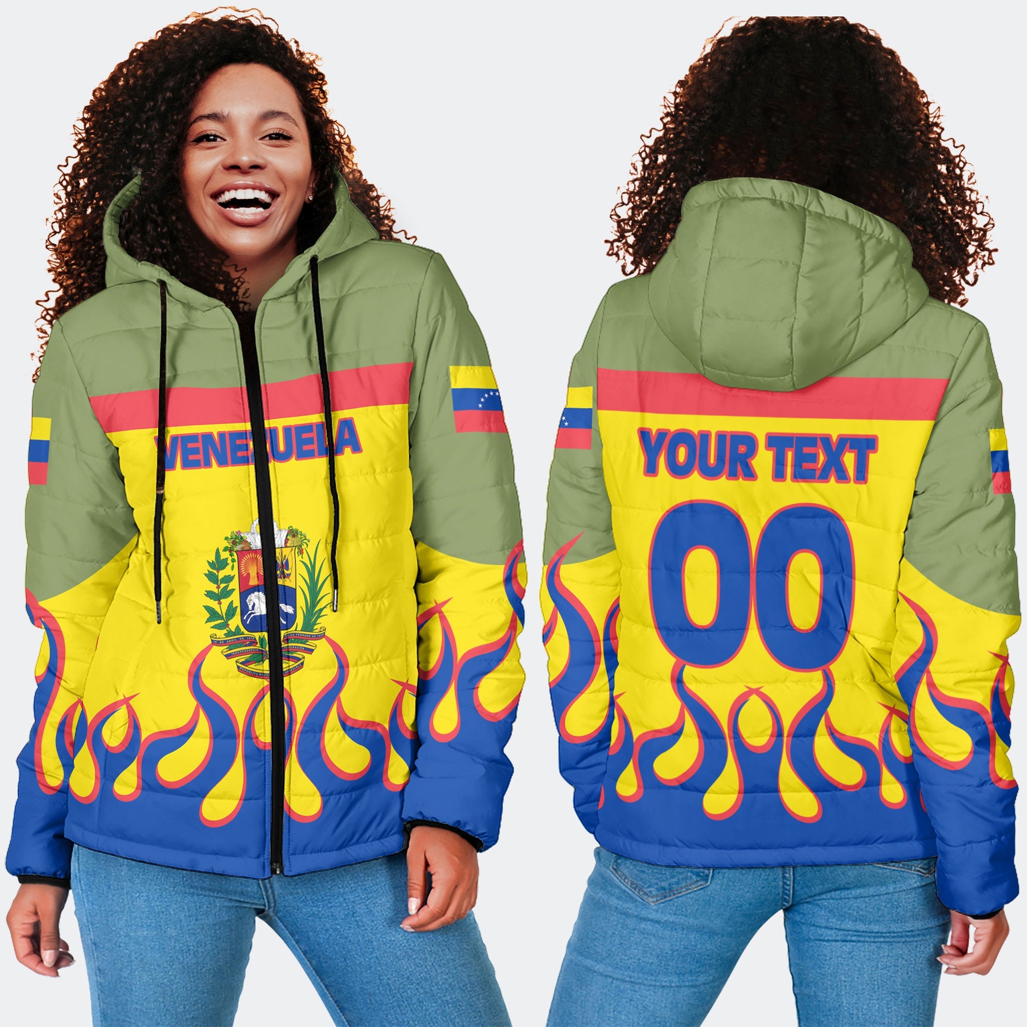 Venezuela Women Hooded Padded Jacket Flag & Coat Of Arms Fire Hockey Style