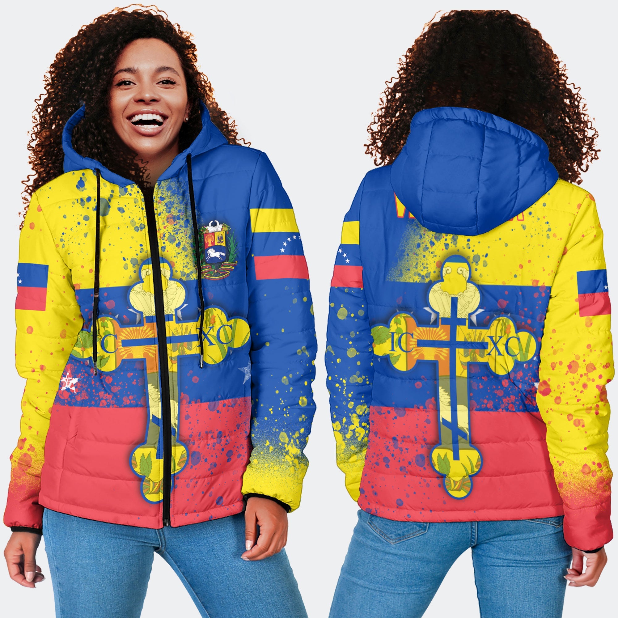 Venezuela Women Hooded Padded Jacket Flag & Coat Of Arms Orthodox Style