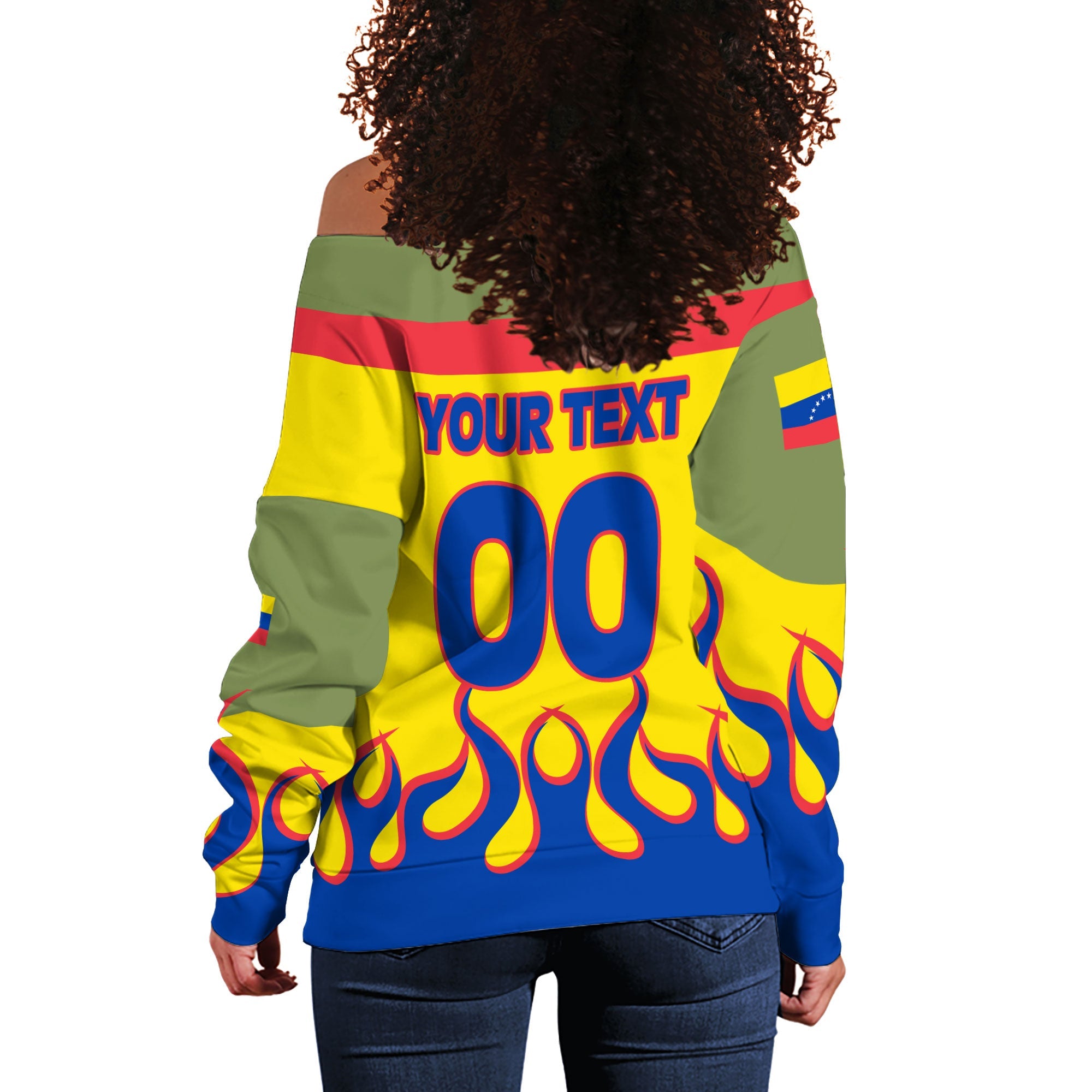 Venezuela Women Off Shoulder Sweatshirt Flag & Coat Of Arms Fire Hockey Style