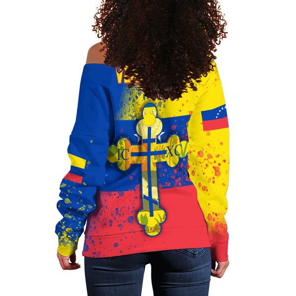 Venezuela Women Off Shoulder Sweatshirt Flag & Coat Of Arms Orthodox Style