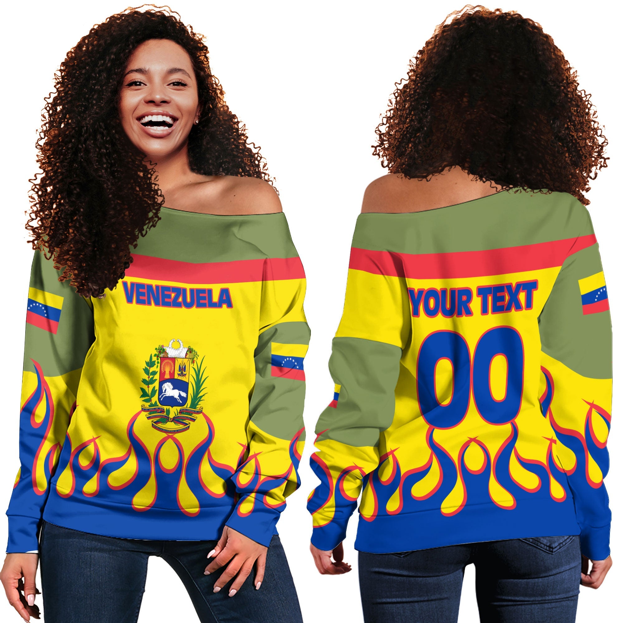 Venezuela Women Off Shoulder Sweatshirt Flag & Coat Of Arms Fire Hockey Style