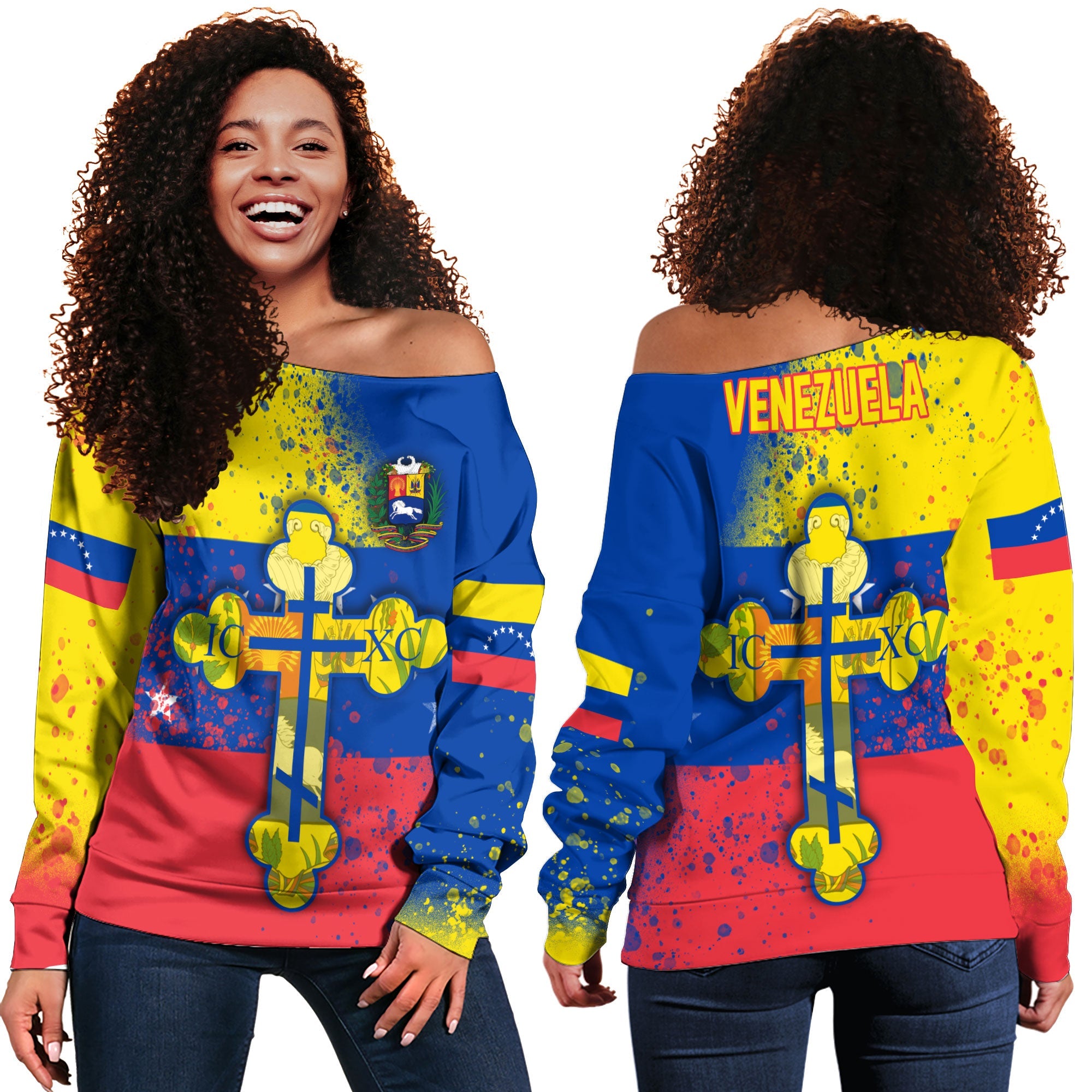 Venezuela Women Off Shoulder Sweatshirt Flag & Coat Of Arms Orthodox Style