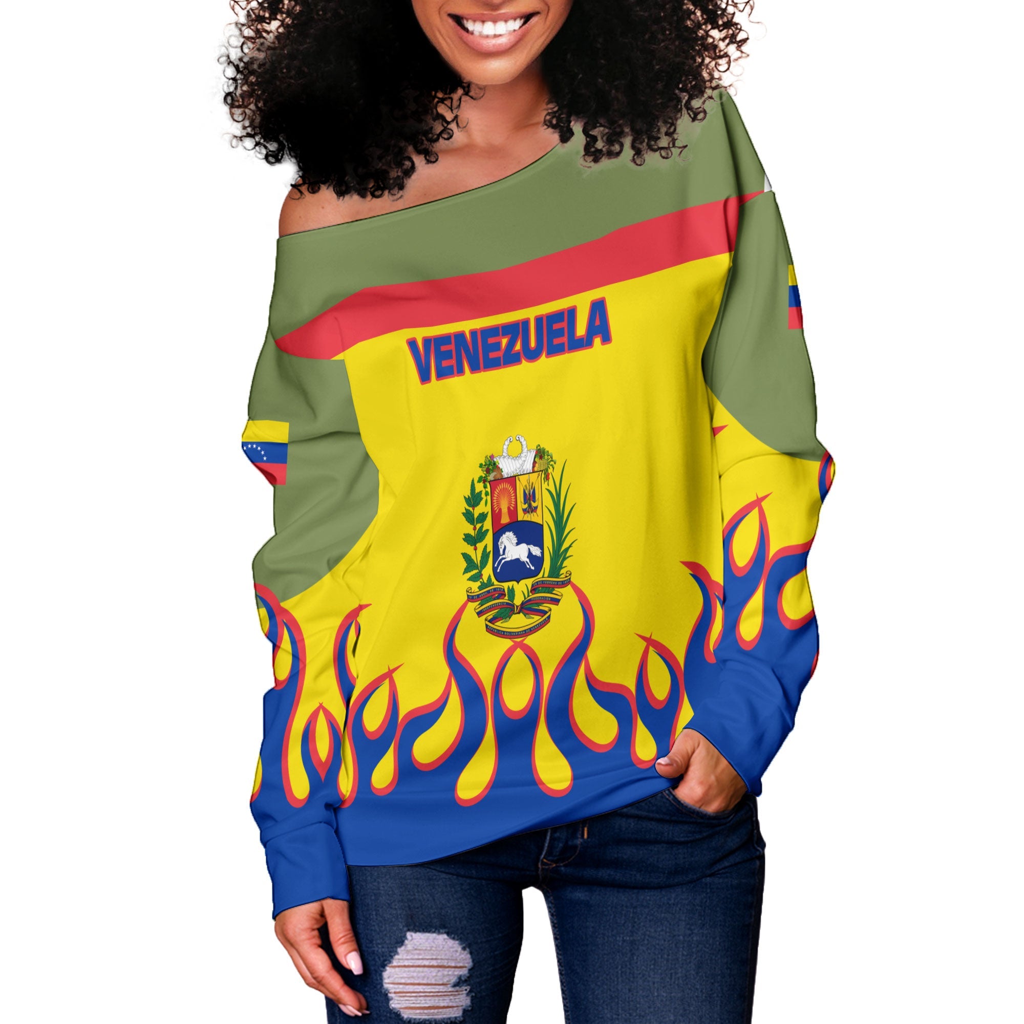 Venezuela Women Off Shoulder Sweatshirt Flag & Coat Of Arms Fire Hockey Style