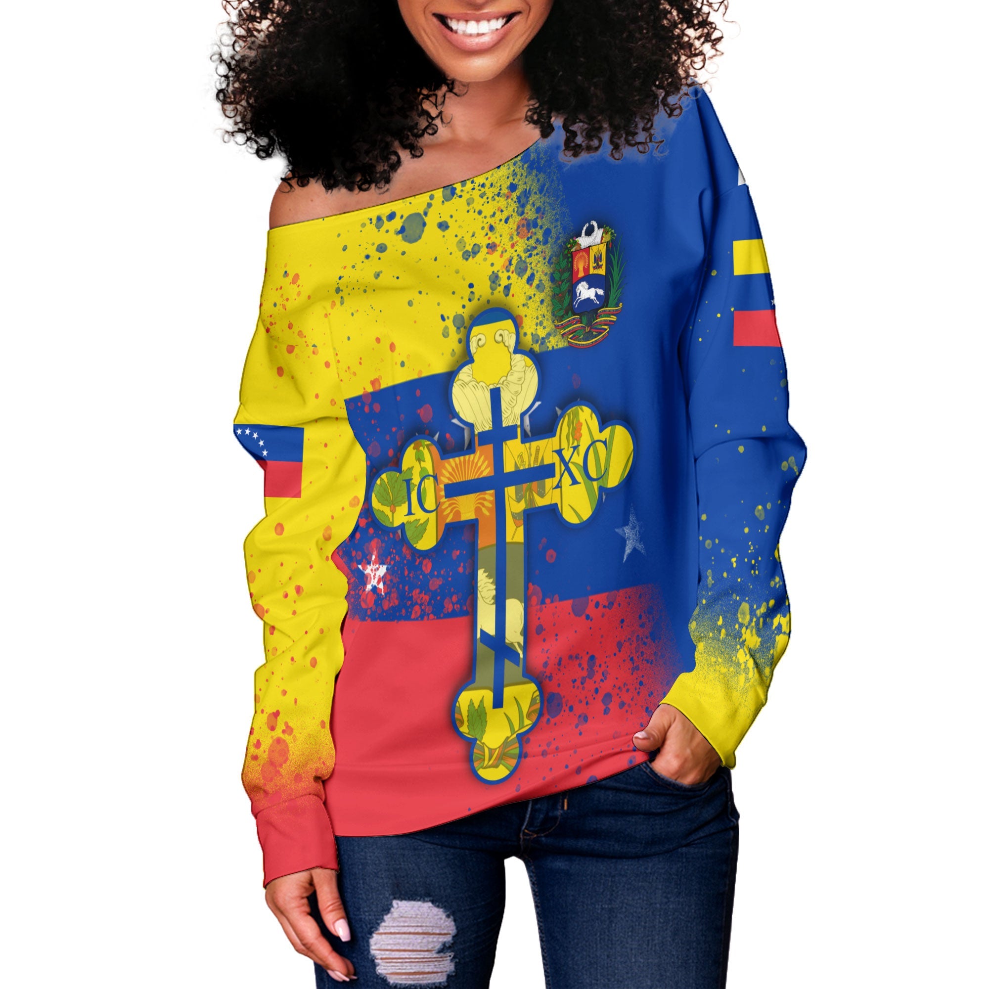 Venezuela Women Off Shoulder Sweatshirt Flag & Coat Of Arms Orthodox Style