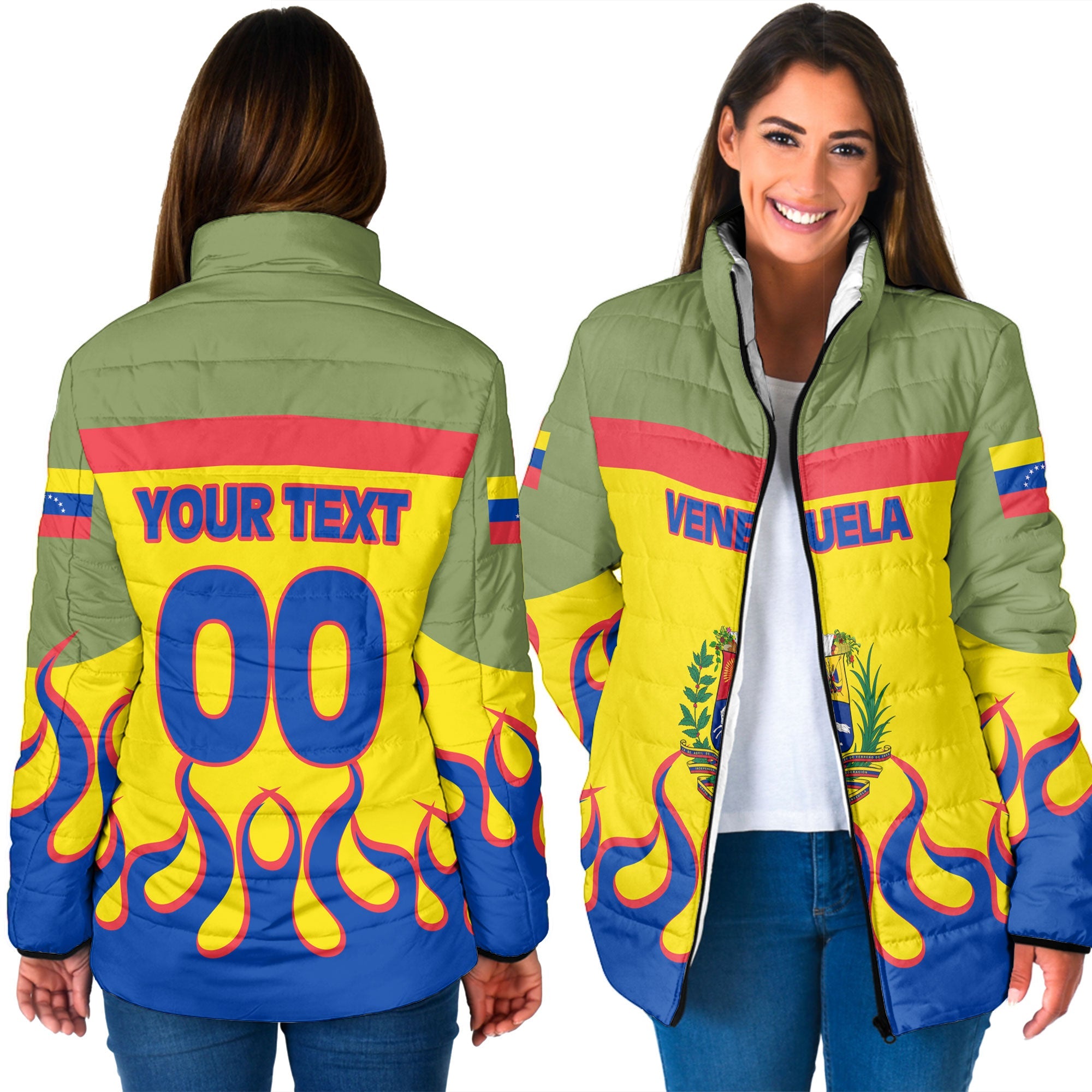 Venezuela Women Padded Jacket Flag & Coat Of Arms Fire Hockey Style