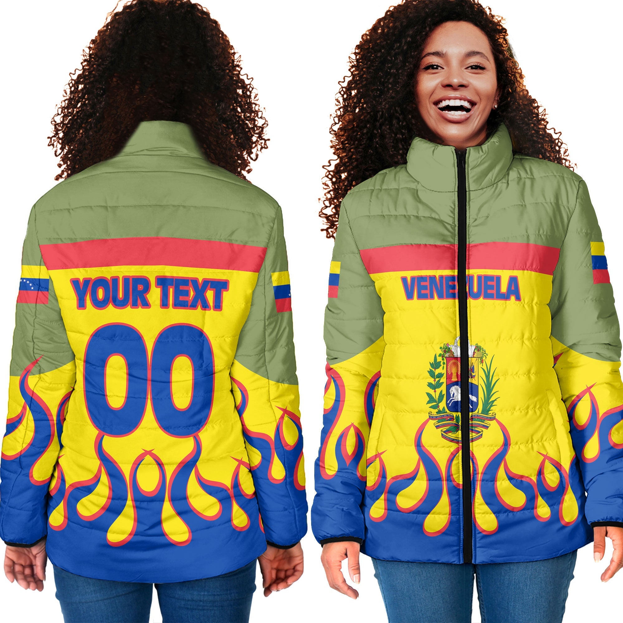 Venezuela Women Padded Jacket Flag & Coat Of Arms Fire Hockey Style