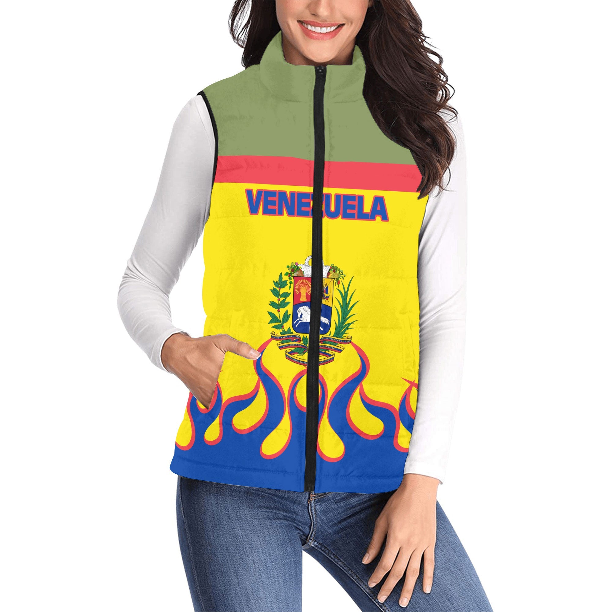 Venezuela Women Padded Jacket Vest Flag & Coat Of Arms Fire Hockey Style