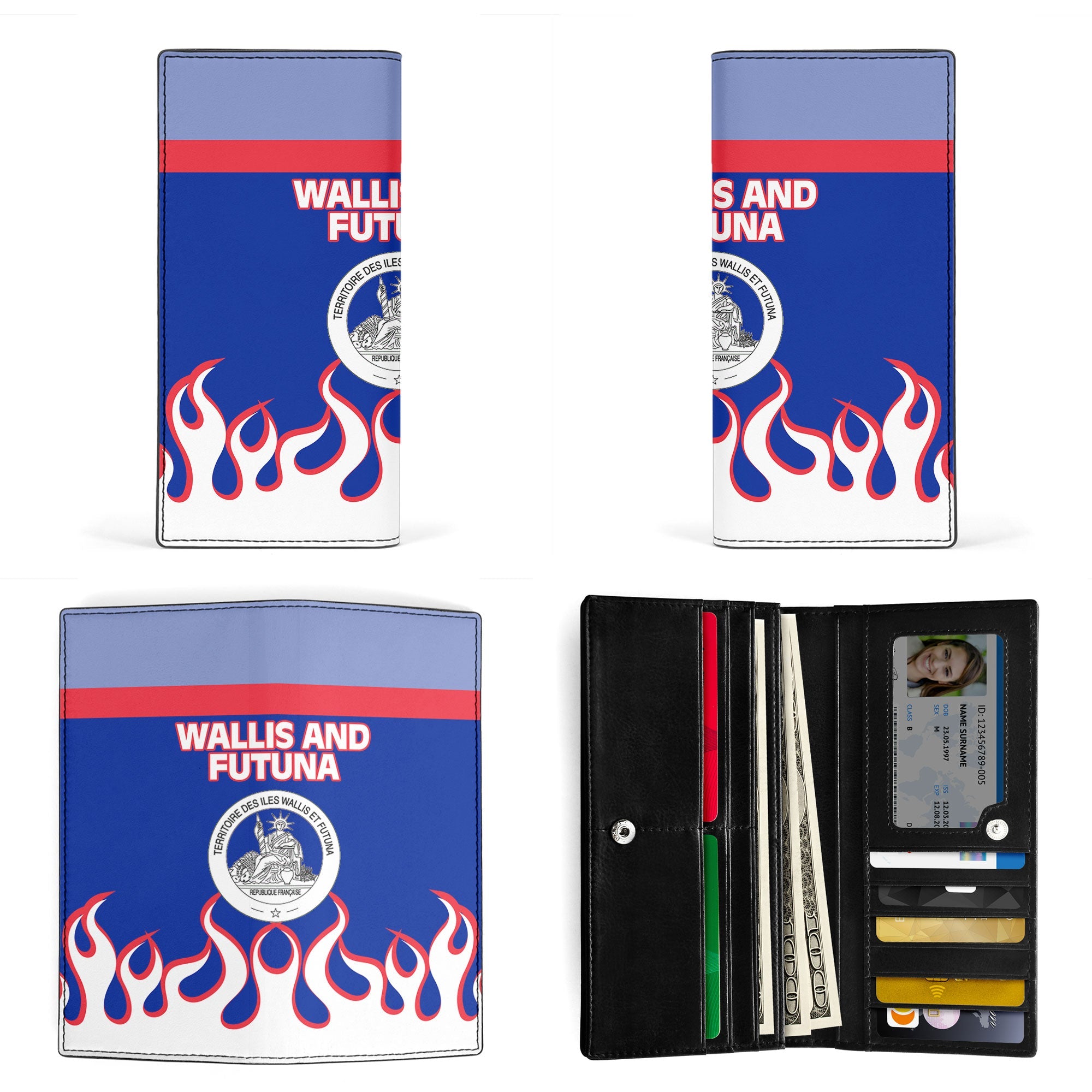 Wallis and Futuna Leather Wallet Flag & Coat Of Arms Fire Hockey Style