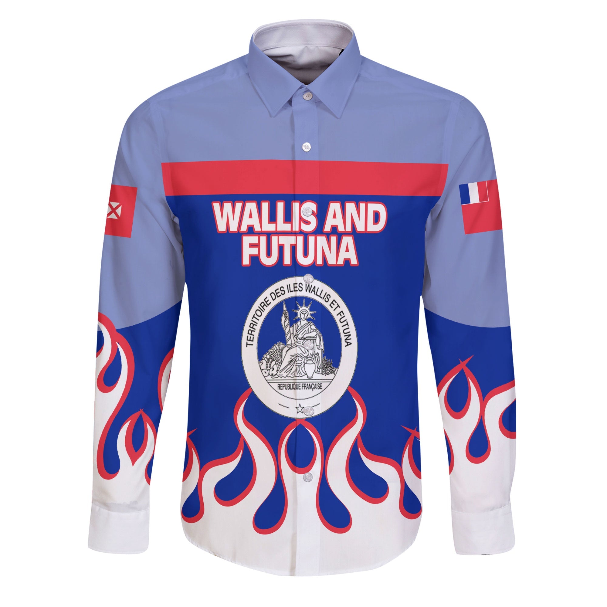 Wallis and Futuna Long Sleeve Button Shirt Flag & Coat Of Arms Fire Hockey Style