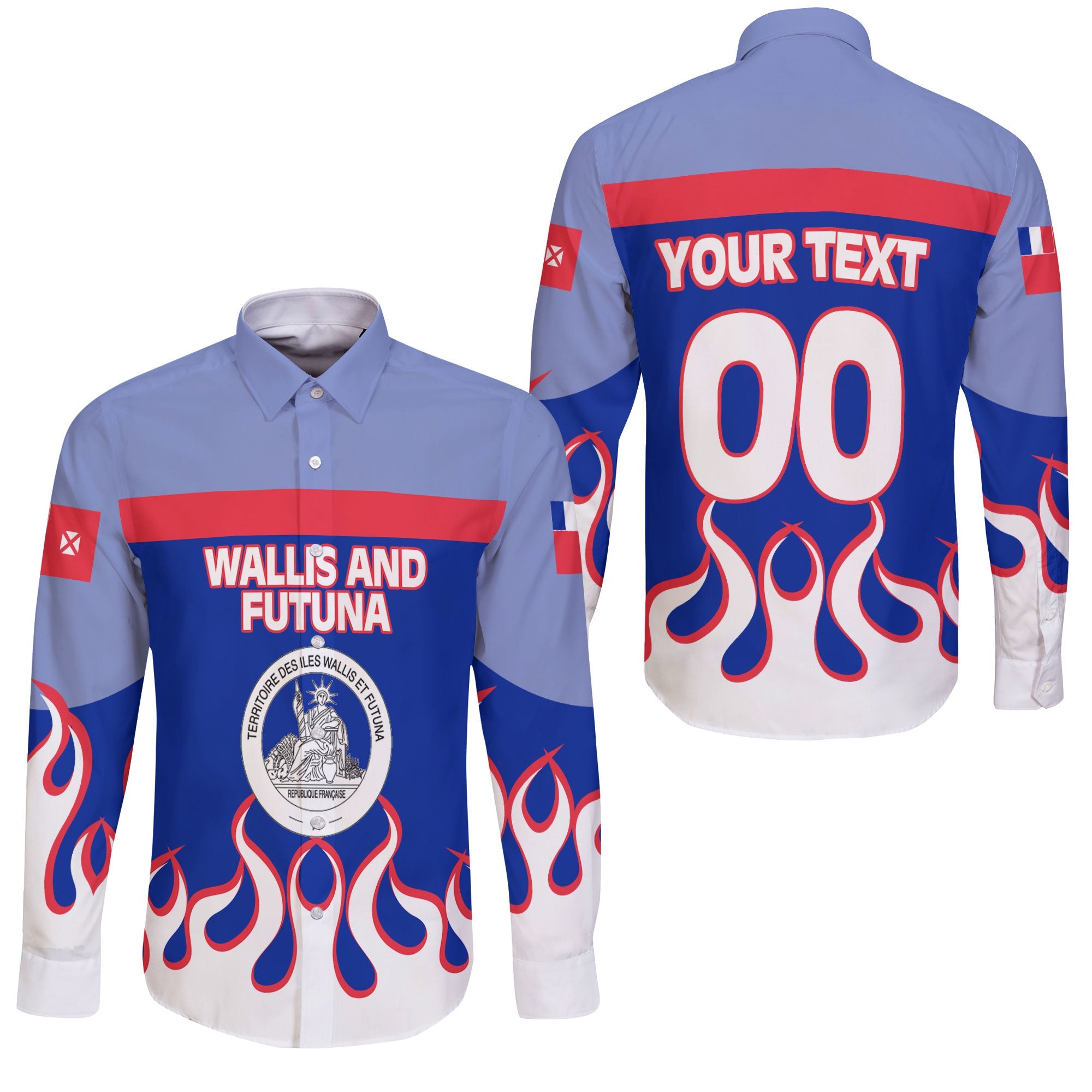 Wallis and Futuna Long Sleeve Button Shirt Flag & Coat Of Arms Fire Hockey Style