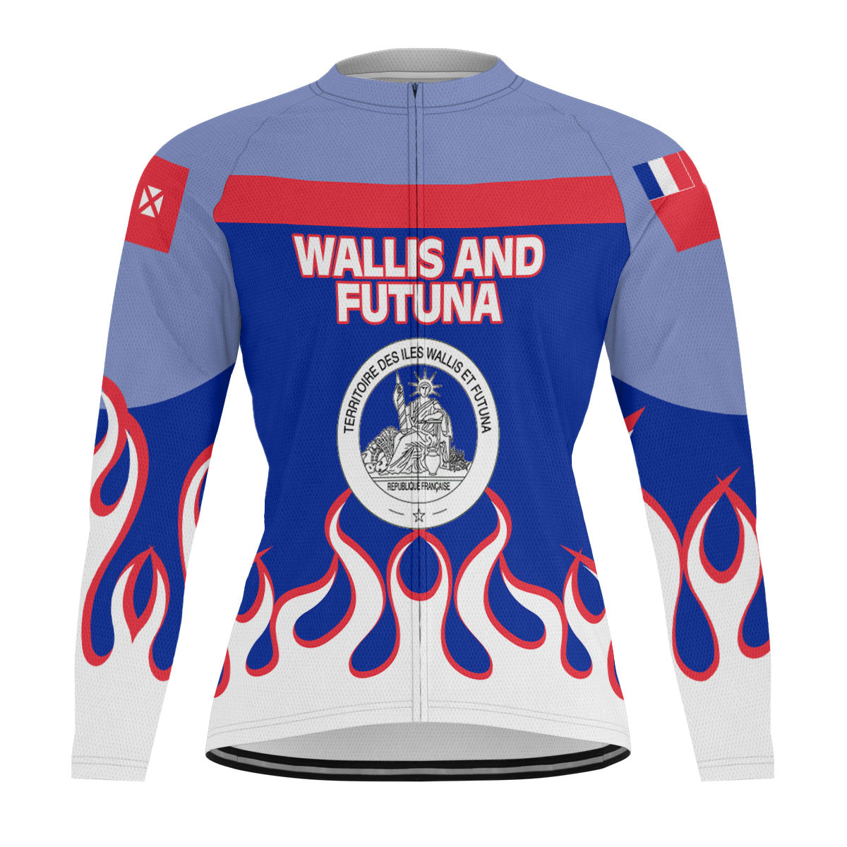 Wallis and Futuna Men's Cycling Jersey Long Sleeve Flag & Coat Of Arms Fire Hockey Style