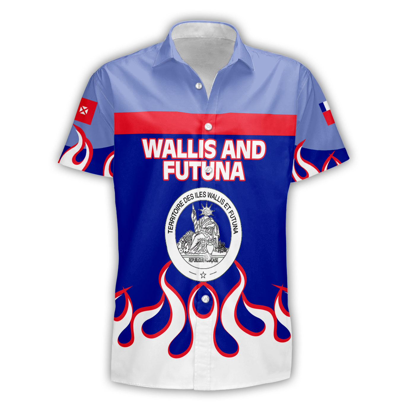 Wallis and Futuna Short Sleeve Shirt Flag & Coat Of Arms Fire Hockey Style