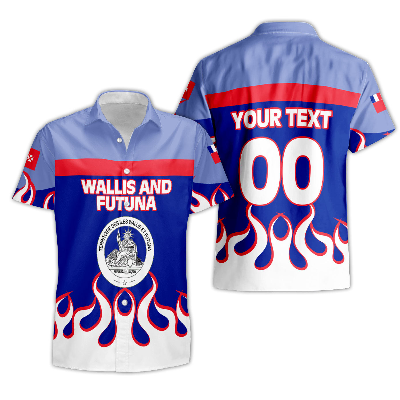 Wallis and Futuna Short Sleeve Shirt Flag & Coat Of Arms Fire Hockey Style