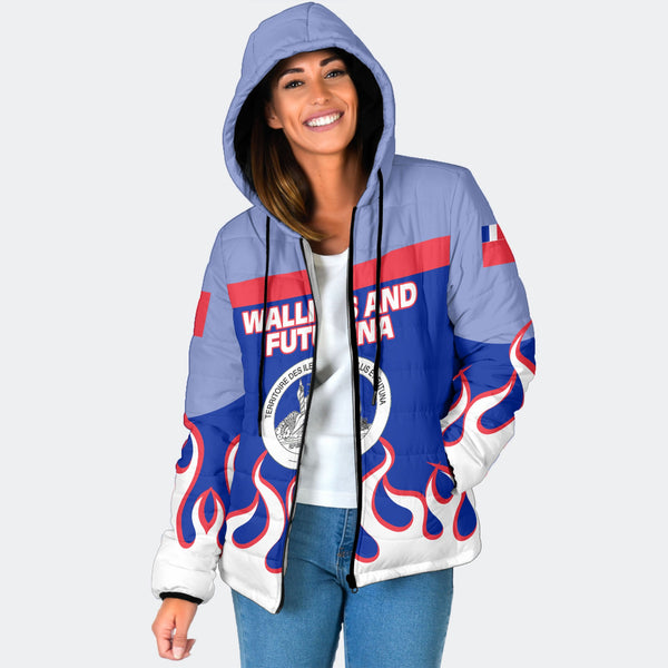 Wallis and Futuna Women Hooded Padded Jacket Flag & Coat Of Arms Fire Hockey Style