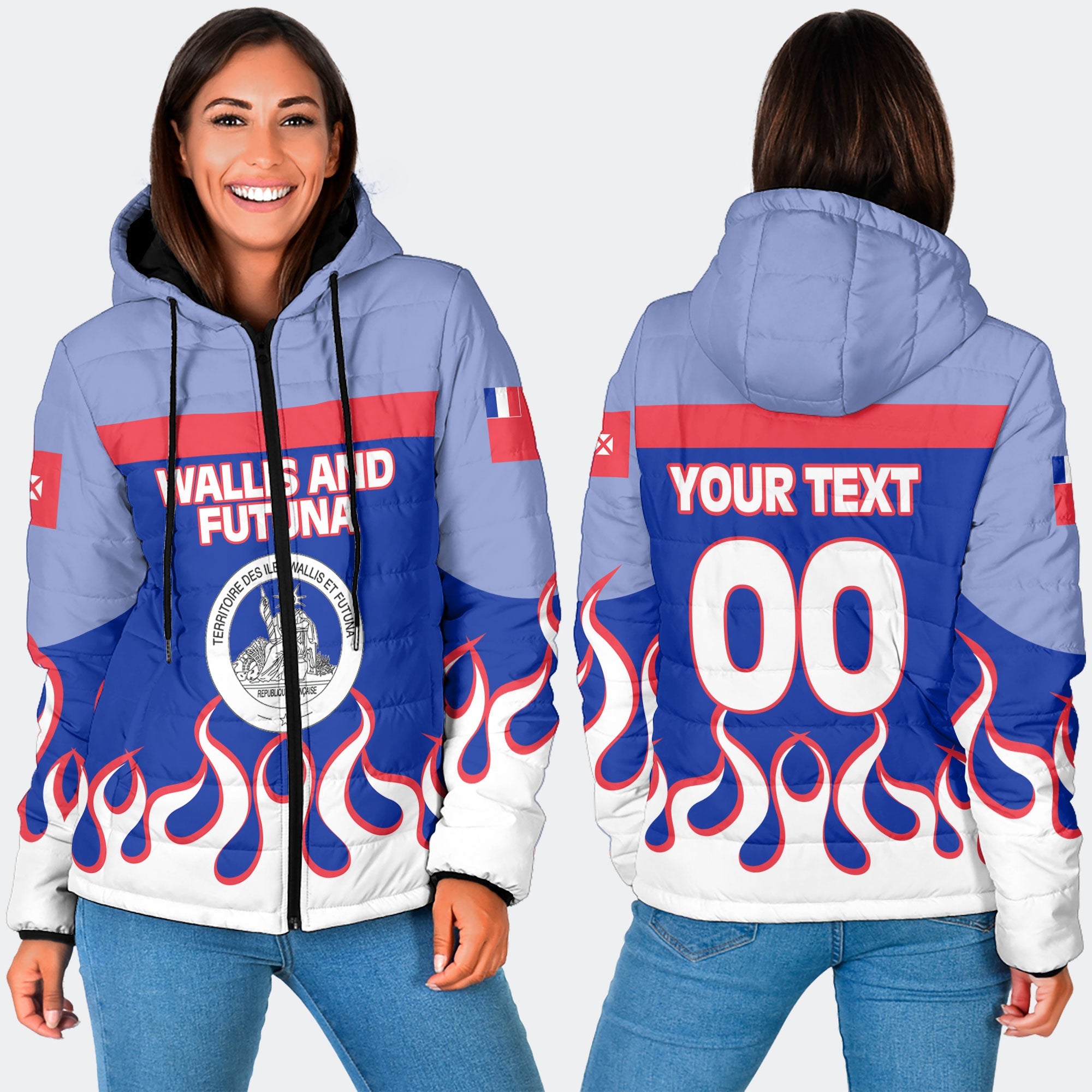 Wallis and Futuna Women Hooded Padded Jacket Flag & Coat Of Arms Fire Hockey Style