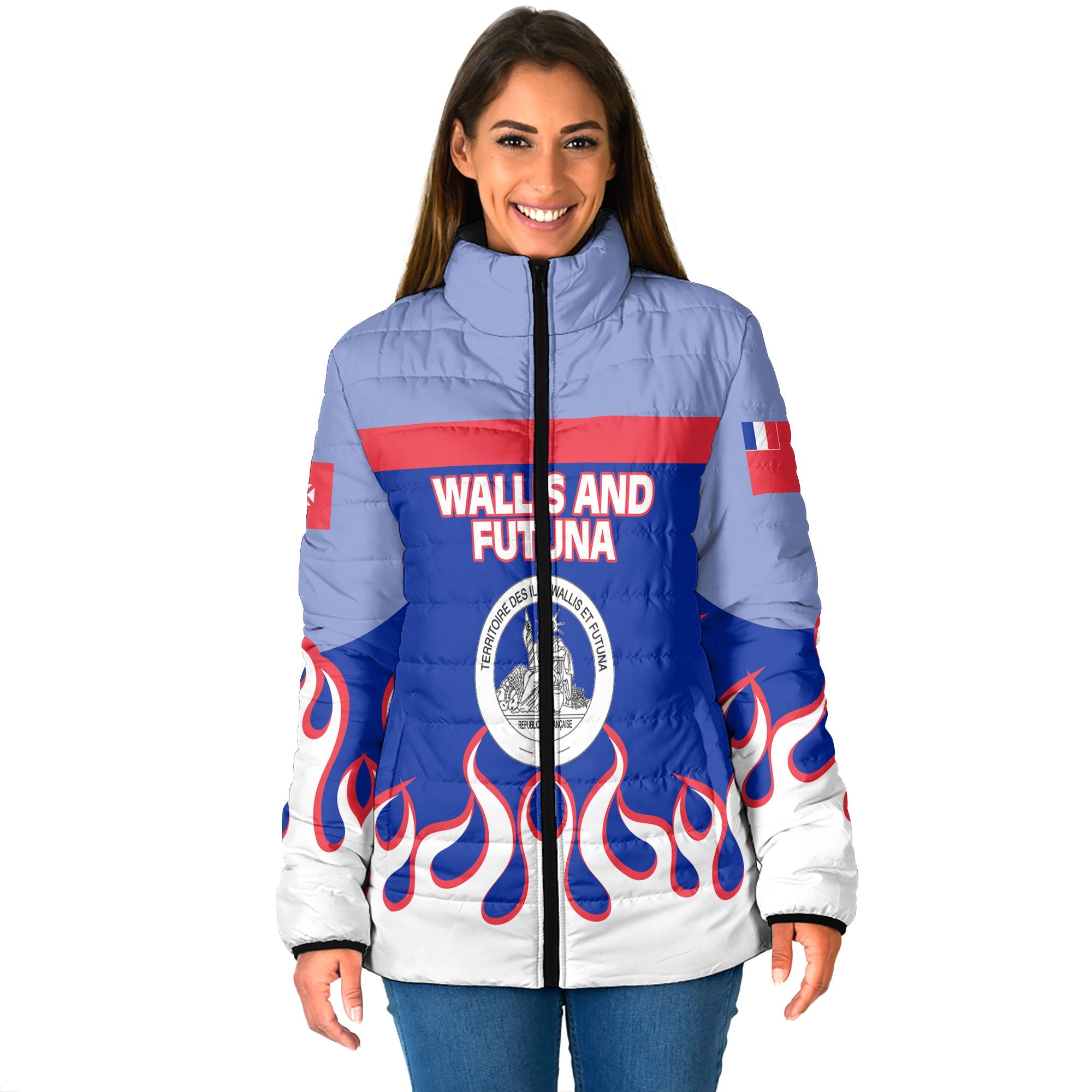 Wallis and Futuna Women Padded Jacket Flag & Coat Of Arms Fire Hockey Style