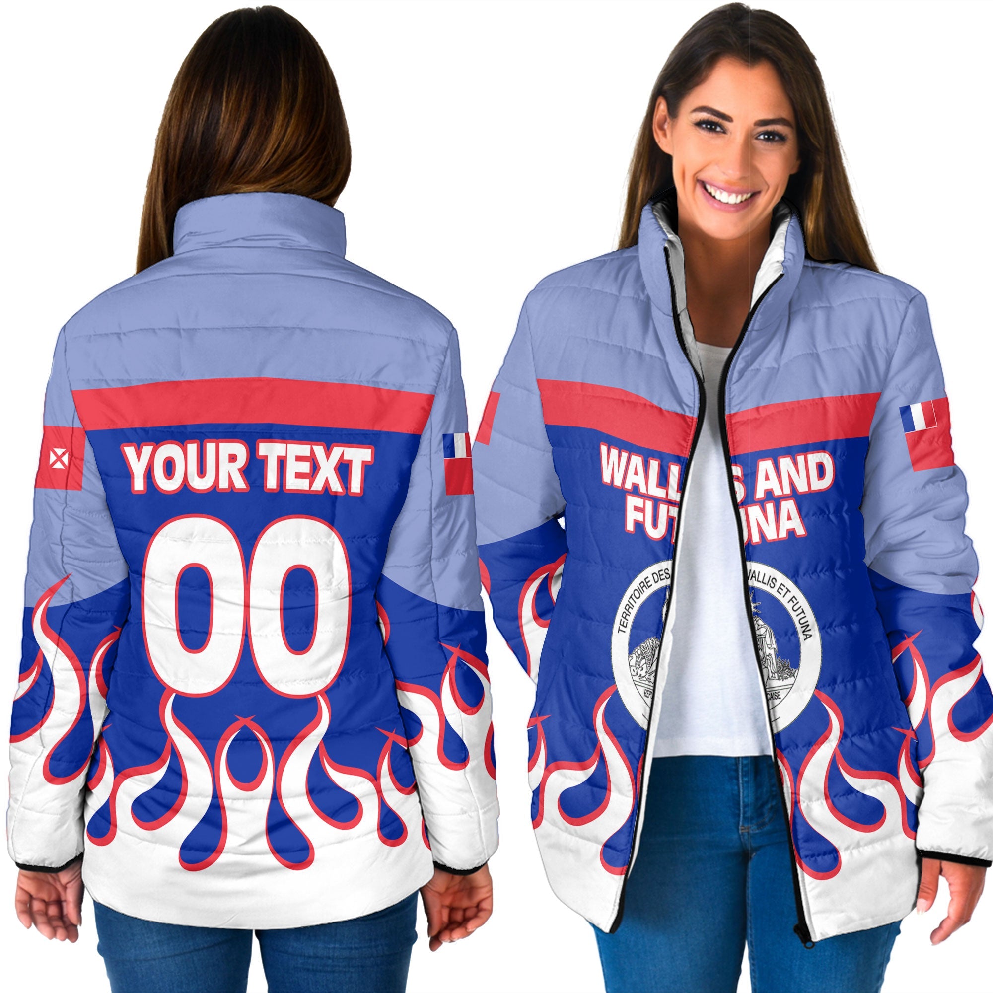 Wallis and Futuna Women Padded Jacket Flag & Coat Of Arms Fire Hockey Style