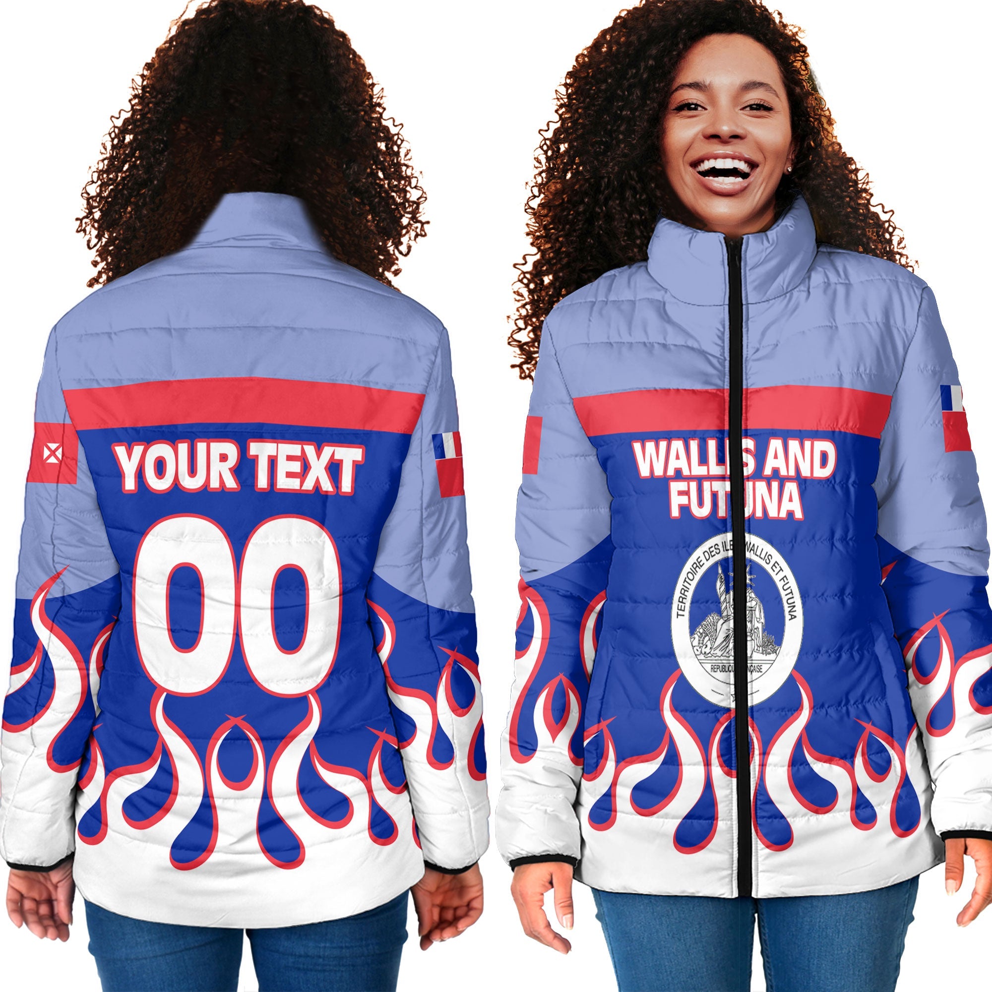 Wallis and Futuna Women Padded Jacket Flag & Coat Of Arms Fire Hockey Style