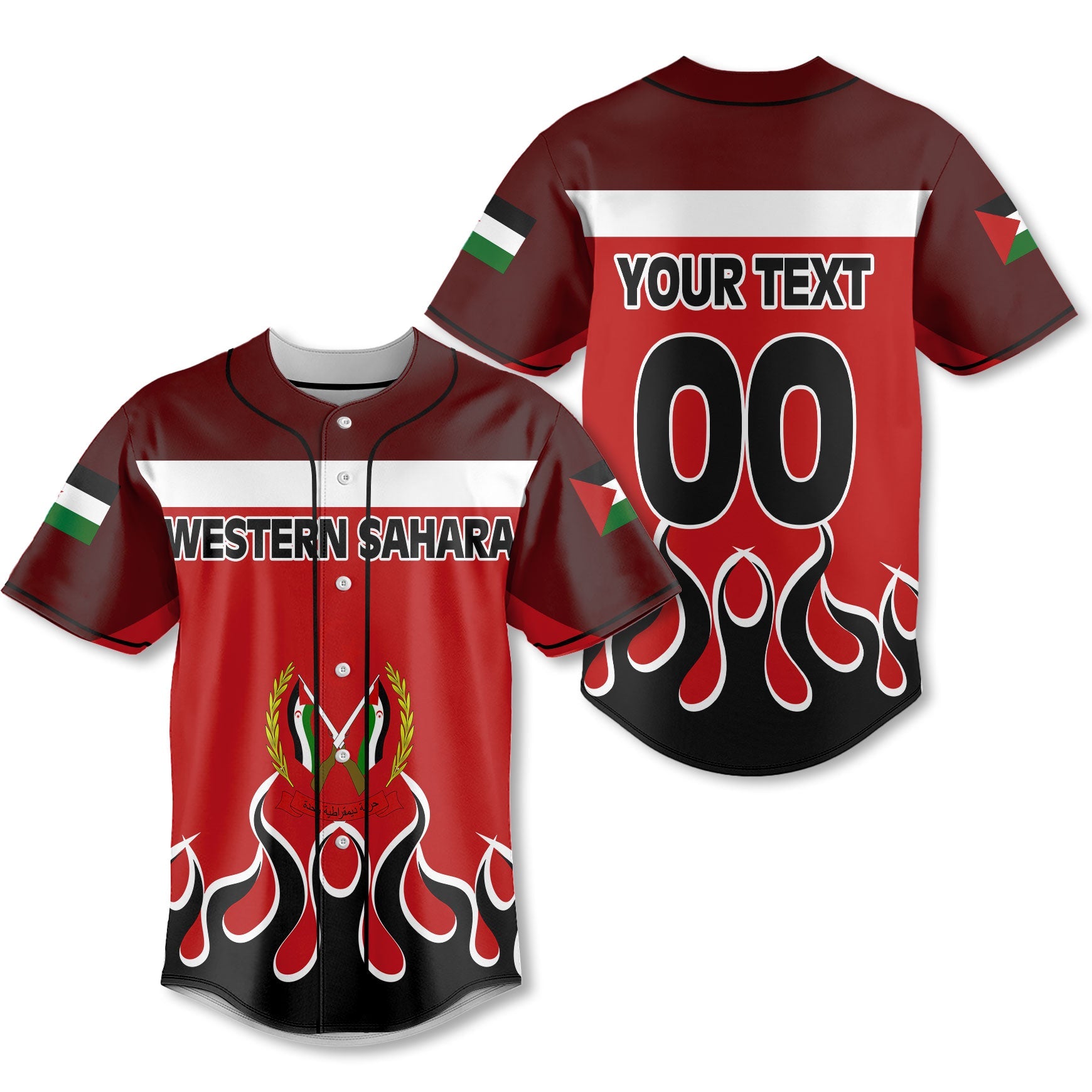 Western Sahara Baseball Jersey Flag & Coat Of Arms Fire Hockey Style