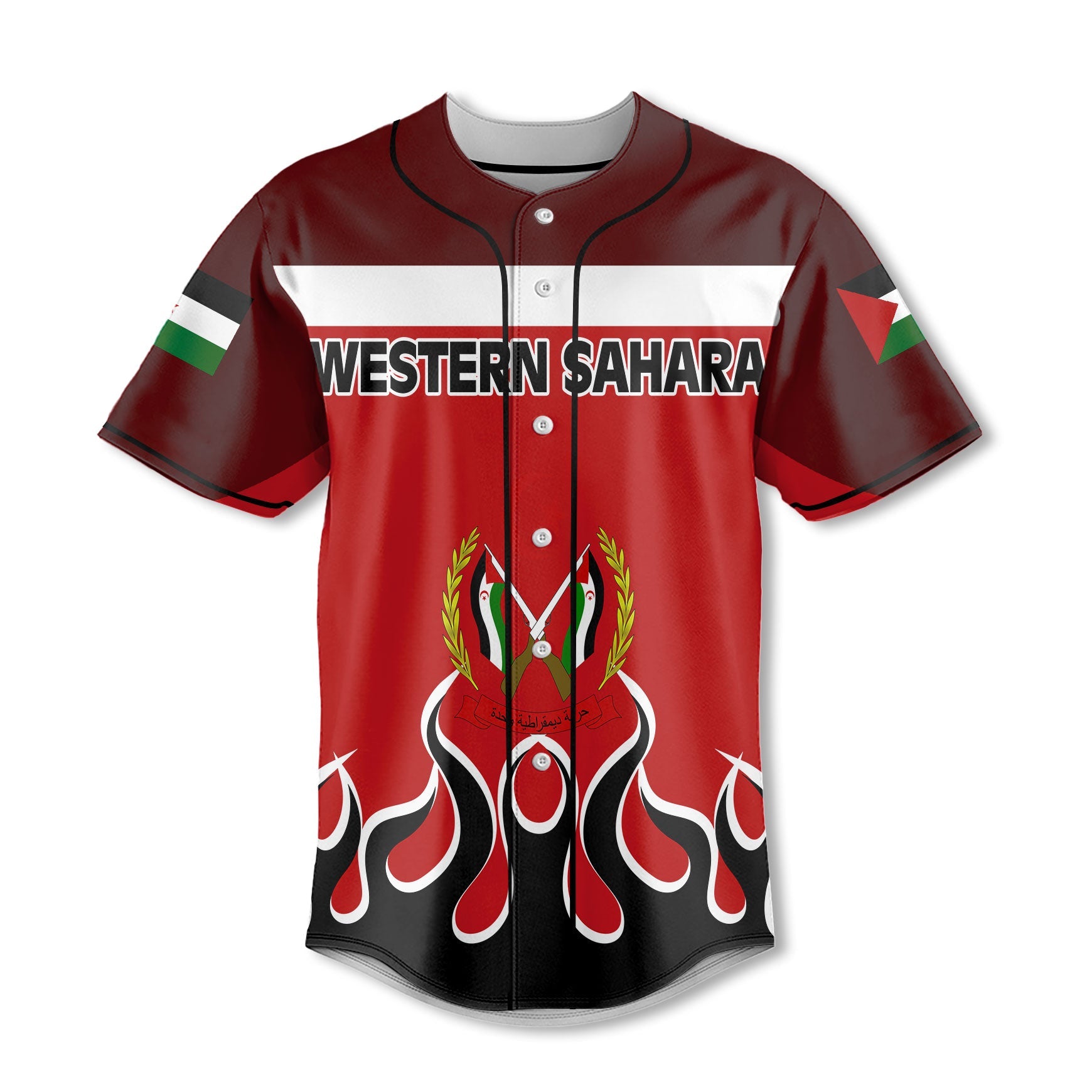 Western Sahara Baseball Jersey Flag & Coat Of Arms Fire Hockey Style