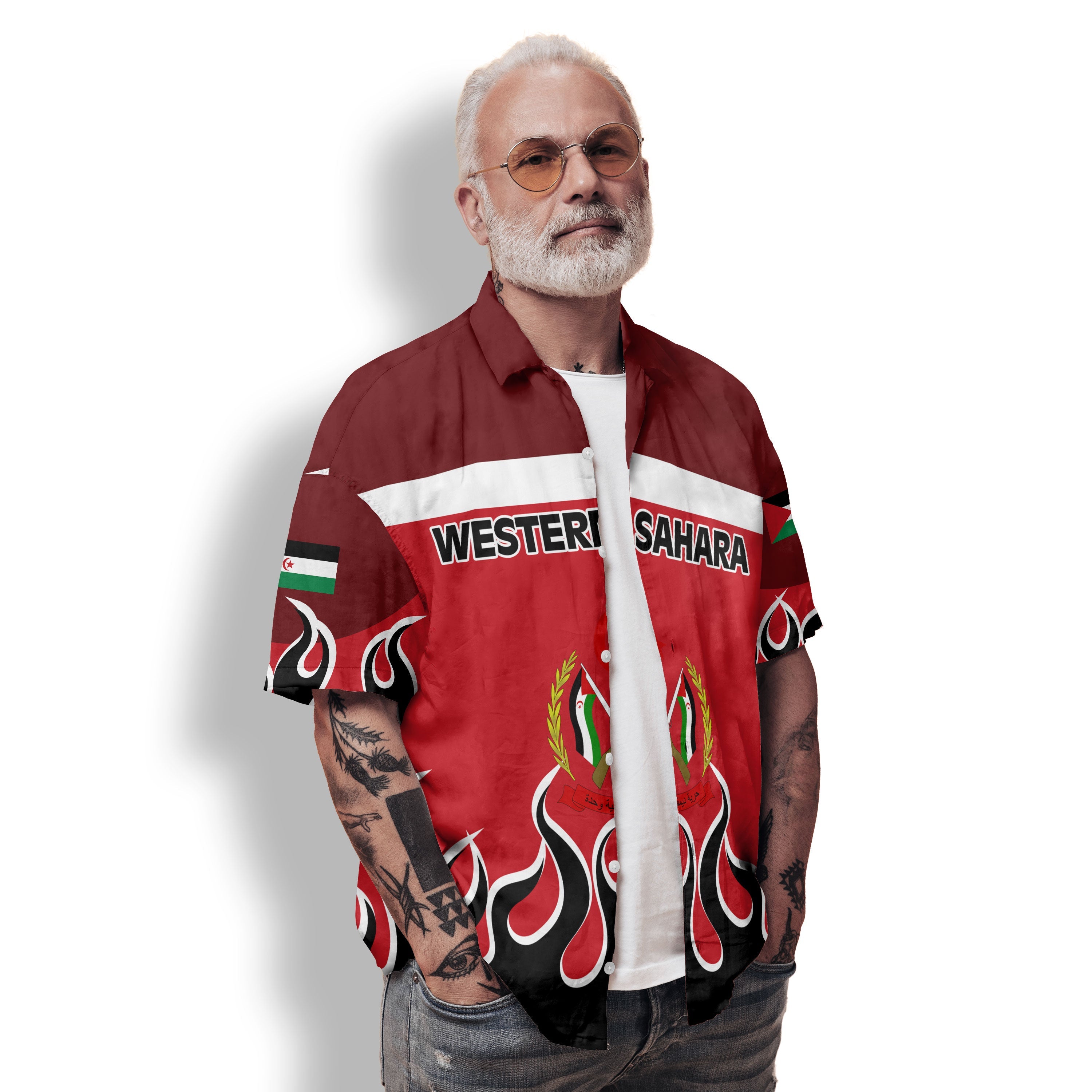 Western Sahara Hawaiian Shirt Flag & Coat Of Arms Fire Hockey Style