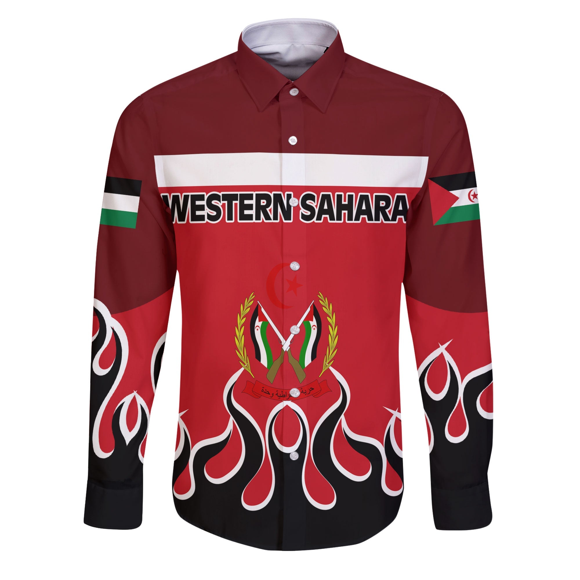 Western Sahara Long Sleeve Button Shirt Flag & Coat Of Arms Fire Hockey Style