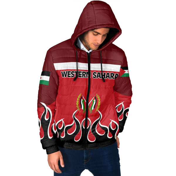 Western Sahara Men Hooded Padded Jacket Flag & Coat Of Arms Fire Hockey Style