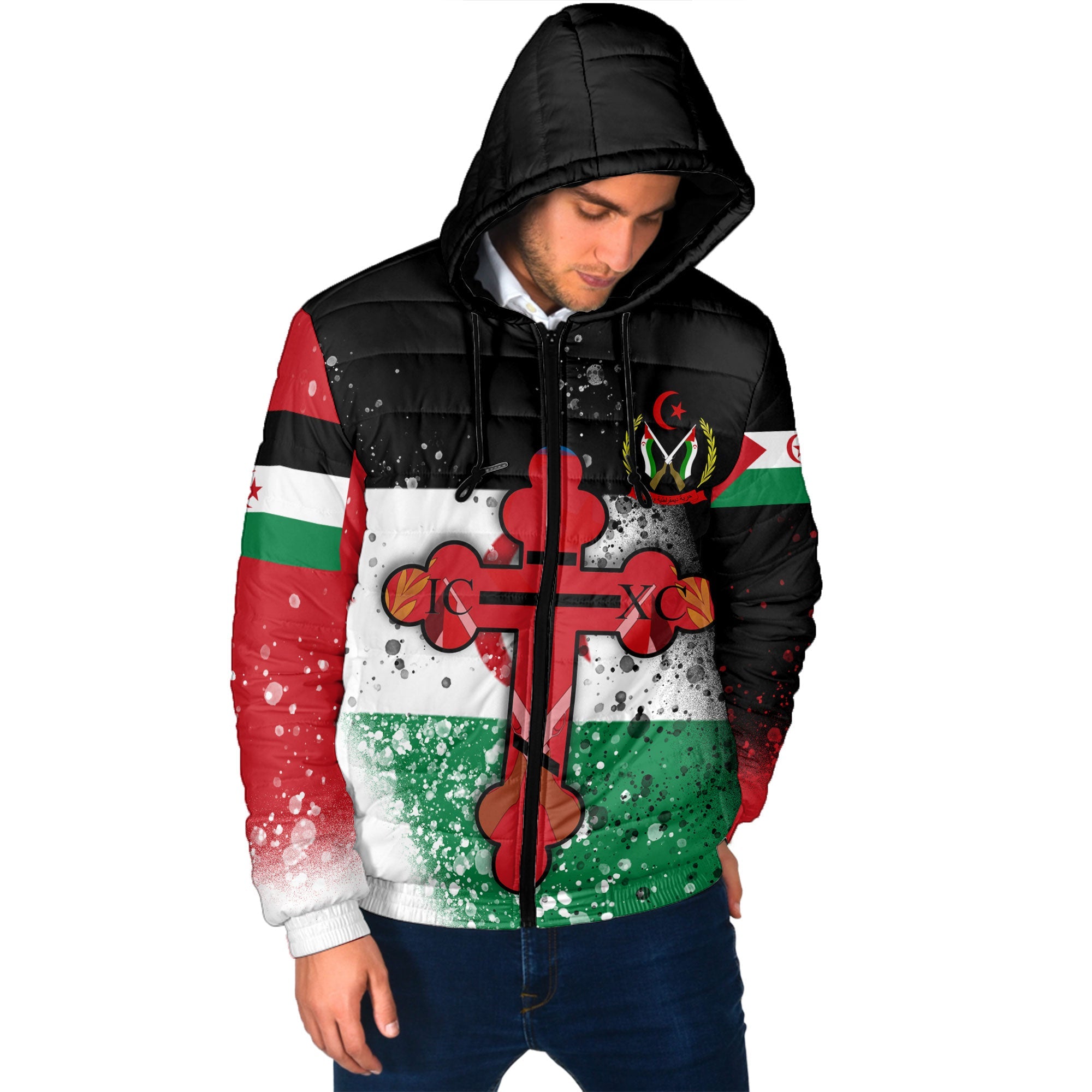 Western Sahara Men Hooded Padded Jacket Flag & Coat Of Arms Orthodox Style