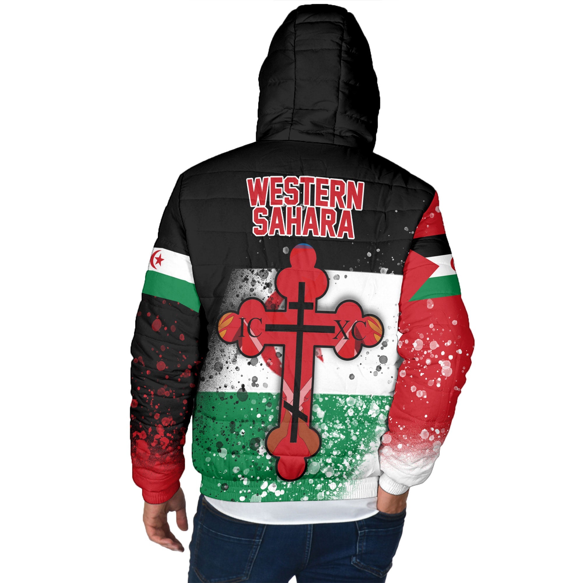 Western Sahara Men Hooded Padded Jacket Flag & Coat Of Arms Orthodox Style