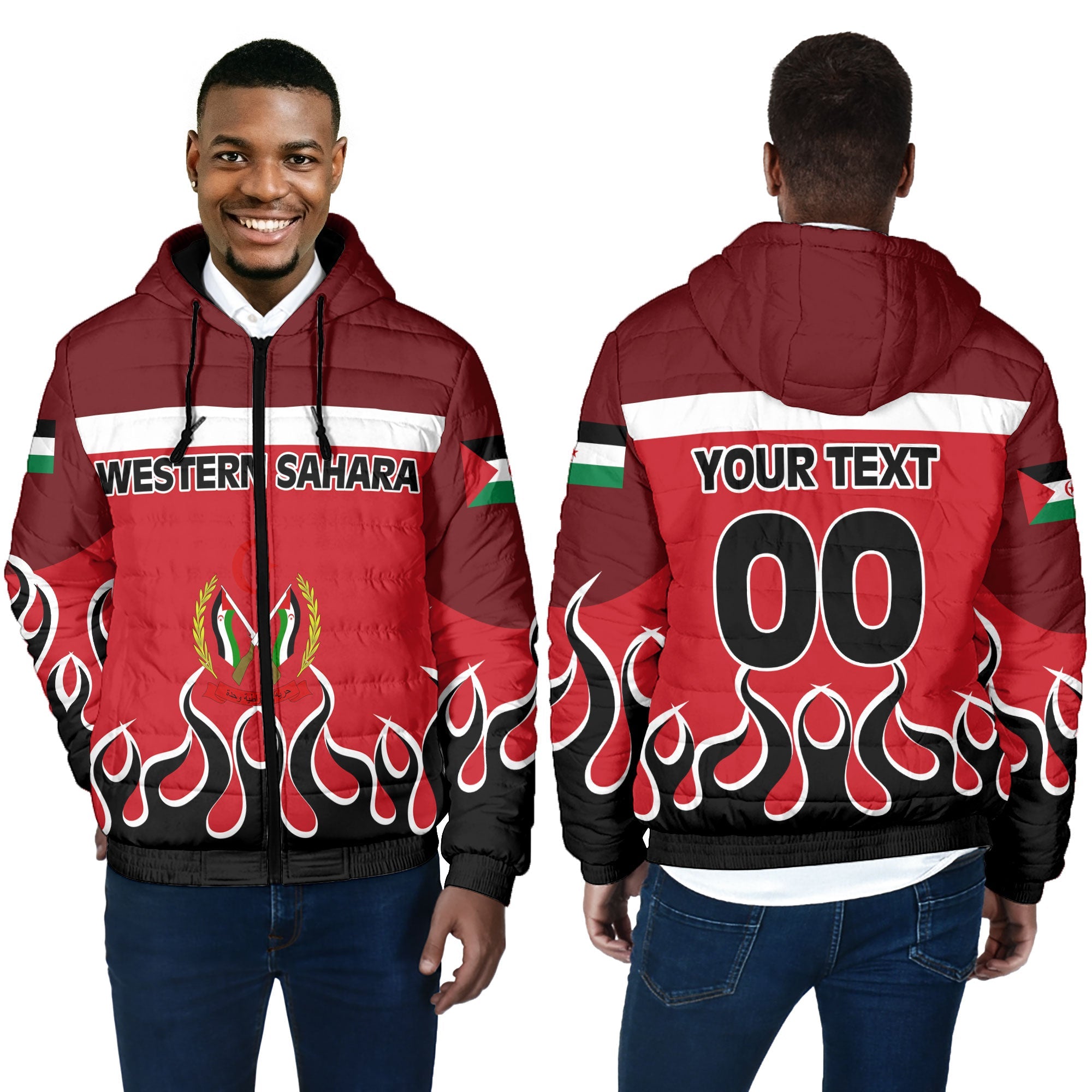 Western Sahara Men Hooded Padded Jacket Flag & Coat Of Arms Fire Hockey Style