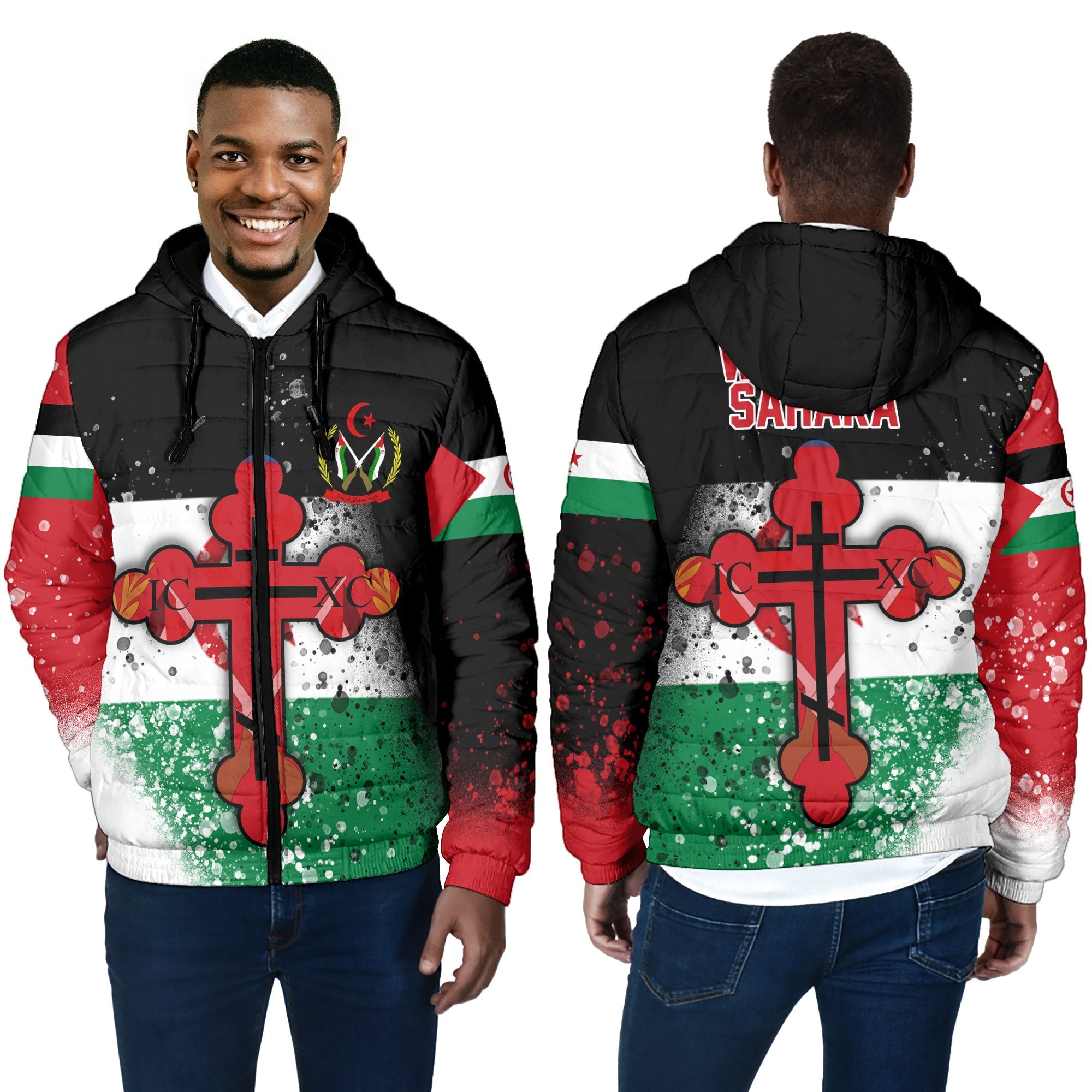 Western Sahara Men Hooded Padded Jacket Flag & Coat Of Arms Orthodox Style